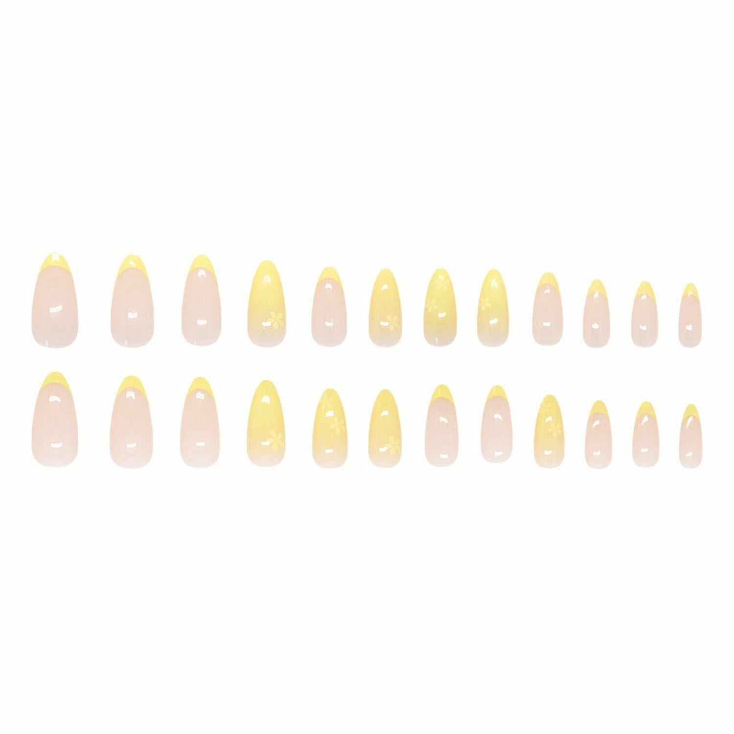 Almond Press On Nails Medium Glossy Flower French Tip Fake Nails 24pcs