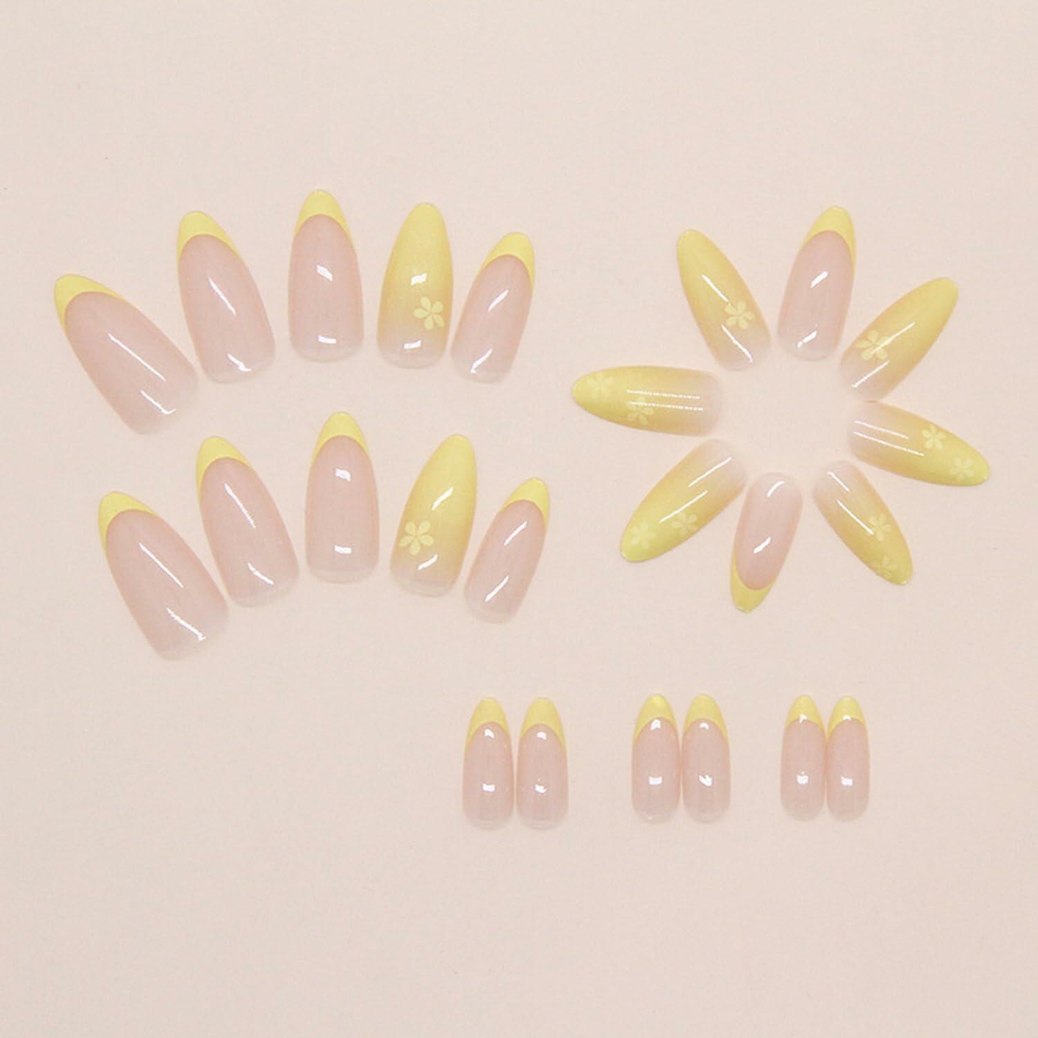 Almond Press On Nails Medium Glossy Flower French Tip Fake Nails 24pcs