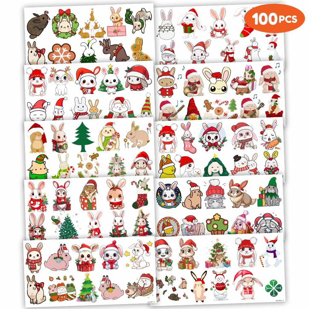 Christmas Temporary Tattoos Bunny Stickers 10 Sheets 100pcs Kids Party