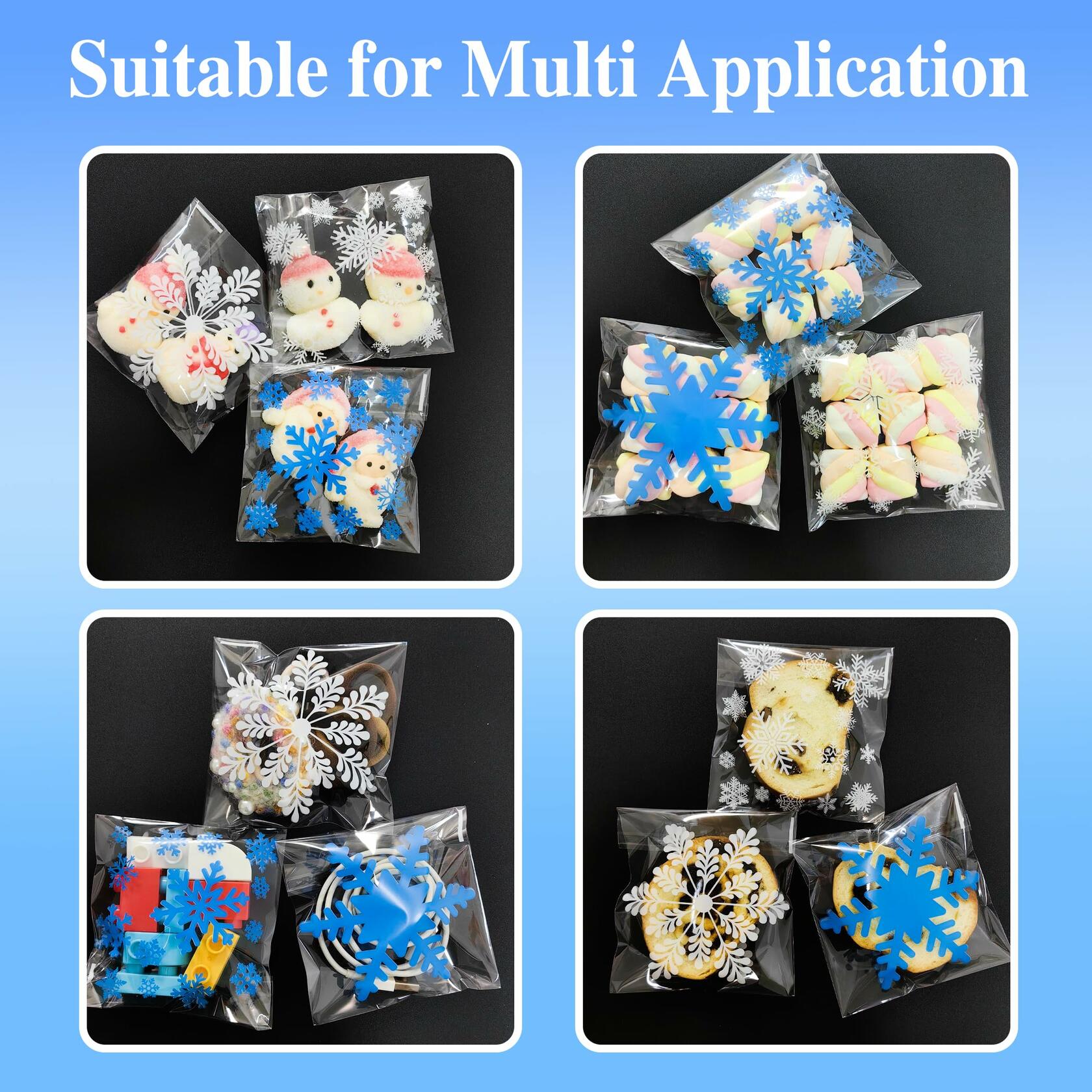 QOIUSO Christmas Cookie Bags 4x4 Inch Snowflake Design 100 Pcs Plastic
