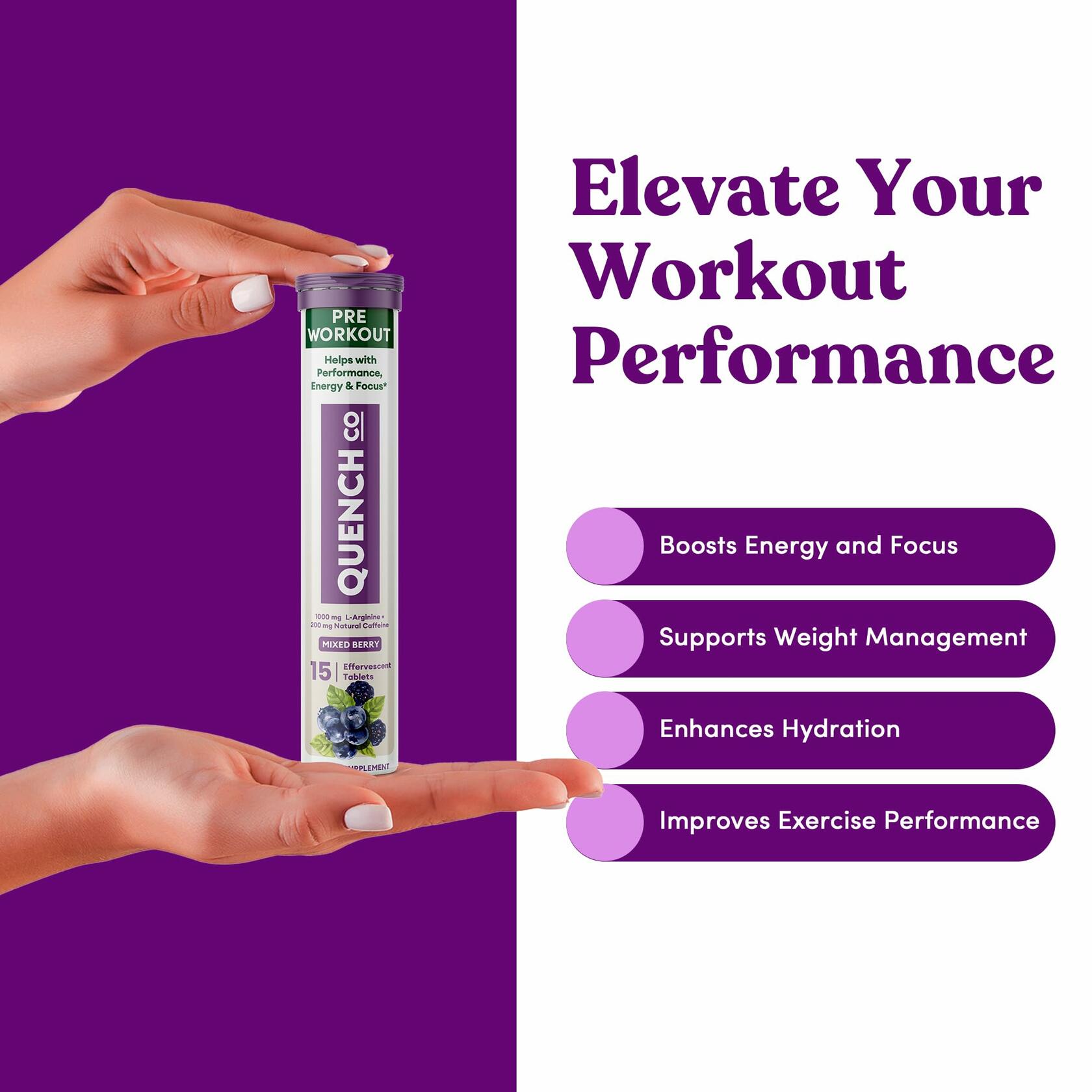 Quench Pre Workout Tablets Energy Focus Hydration Vegan 30ct EXP 04/2026