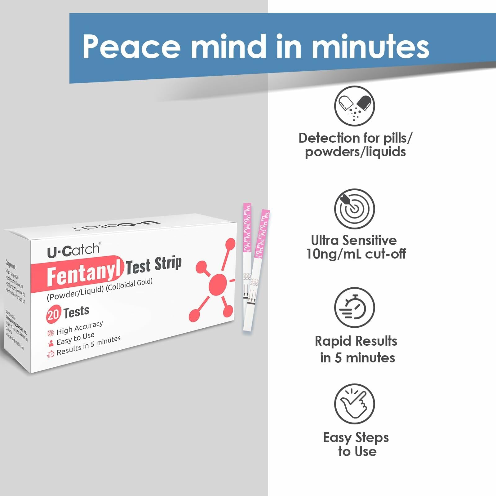 U Catch Fentanyl Test Strips 20 Pack Sensitive Fast Results Powder Liquid