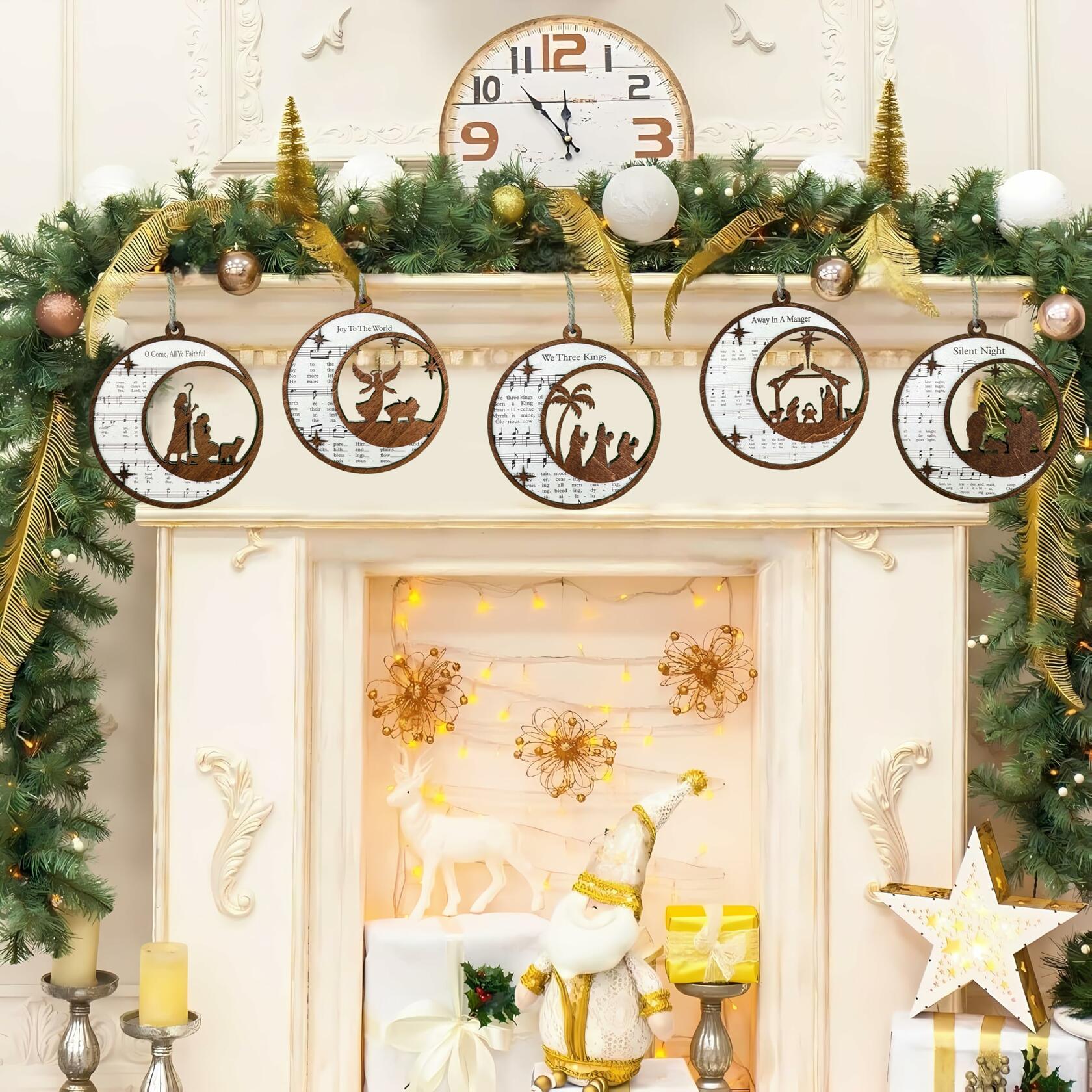 SOLMAYCO Christmas Nativity Ornaments Set of 5 Wooden Religious Decorations