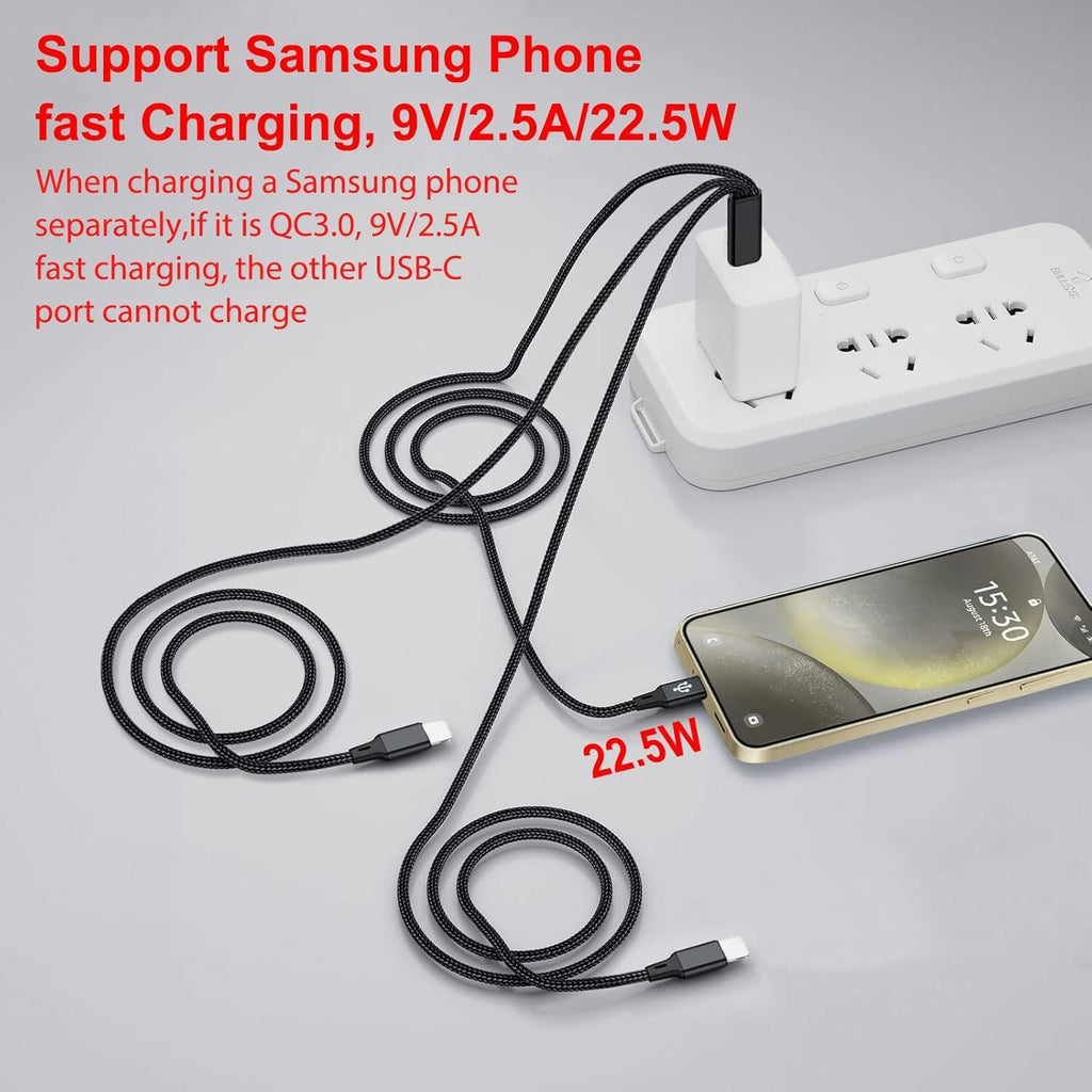 Wosixima USB-C 3-in-1 Charging Cable 4ft Black for iPhone 16/15 Pro Max Samsung