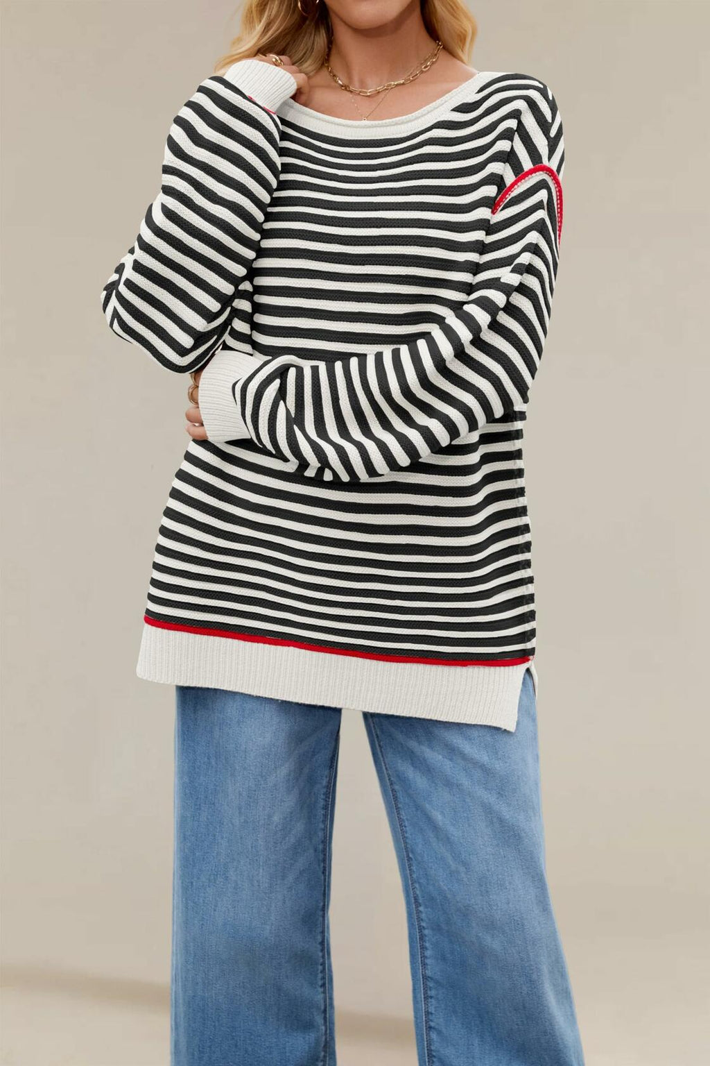 Koimcuiy Womens Striped Oversized Sweater Boat Neck Lightweight White&White XL
