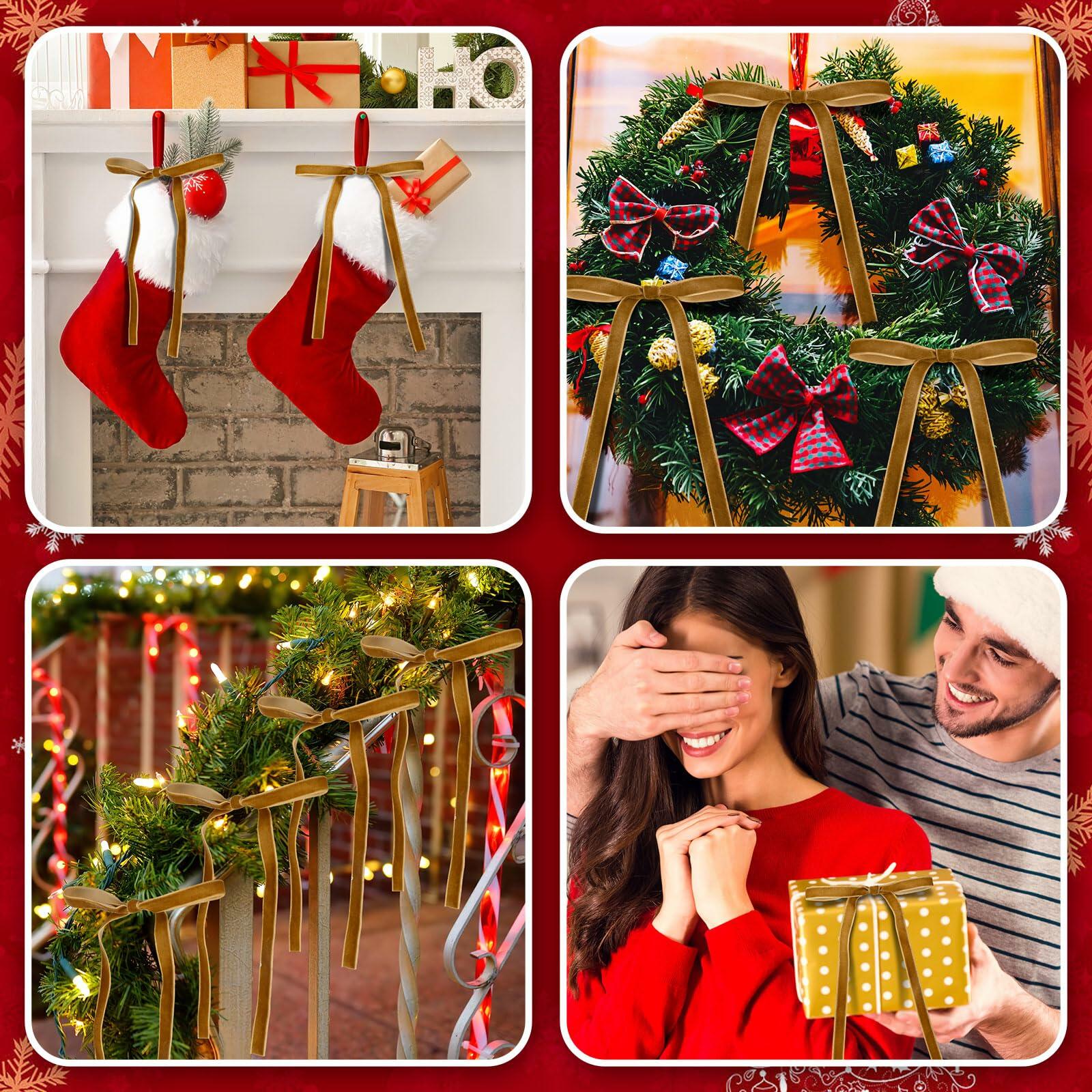 Glitinsel Khaki Velvet Bows Christmas Tree Ornaments 24 Pcs 5x7in