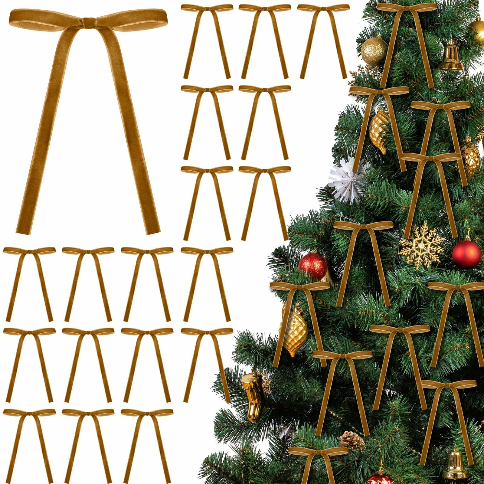 Glitinsel Khaki Velvet Bows Christmas Tree Ornaments 24 Pcs 5x7in