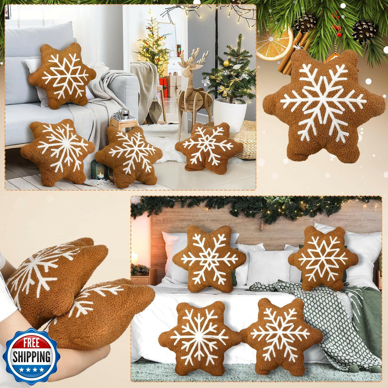 HunnmingRe 4 Pcs Christmas Snowflake Plush Throw Pillows Caramel Color