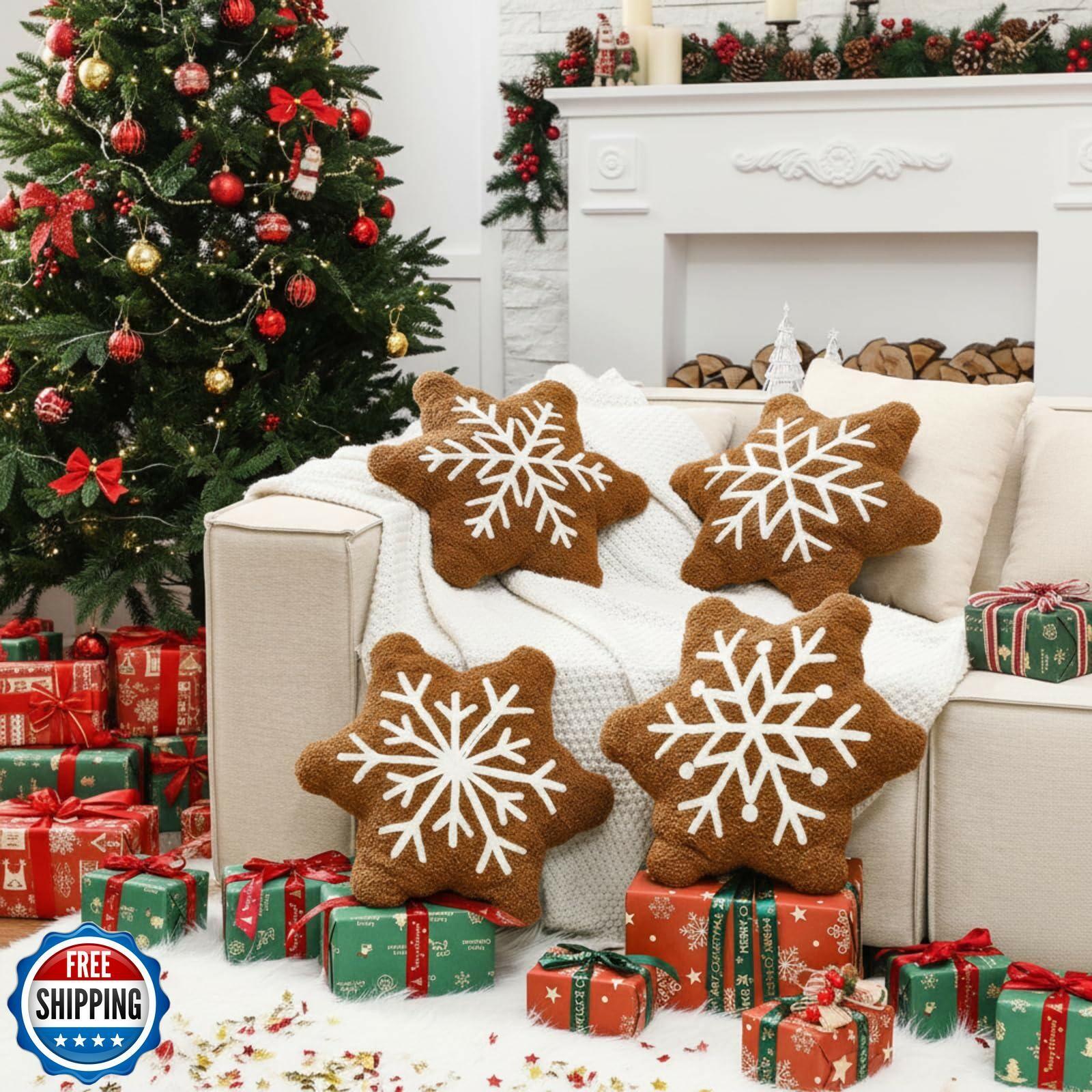 HunnmingRe 4 Pcs Christmas Snowflake Plush Throw Pillows Caramel Color