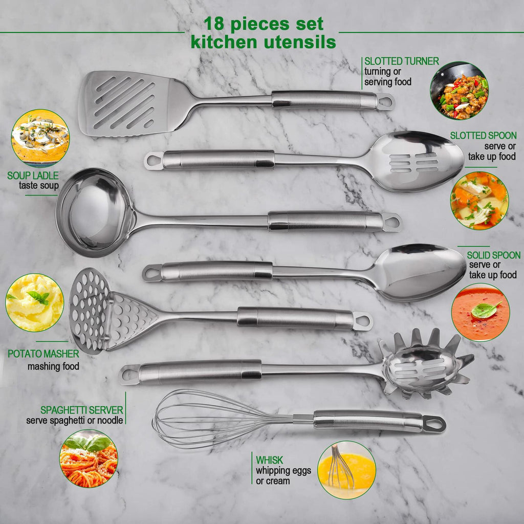StnKitchExplor Stainless Steel Utensil Set 28 Pcs Cooking Tools Silver Holder