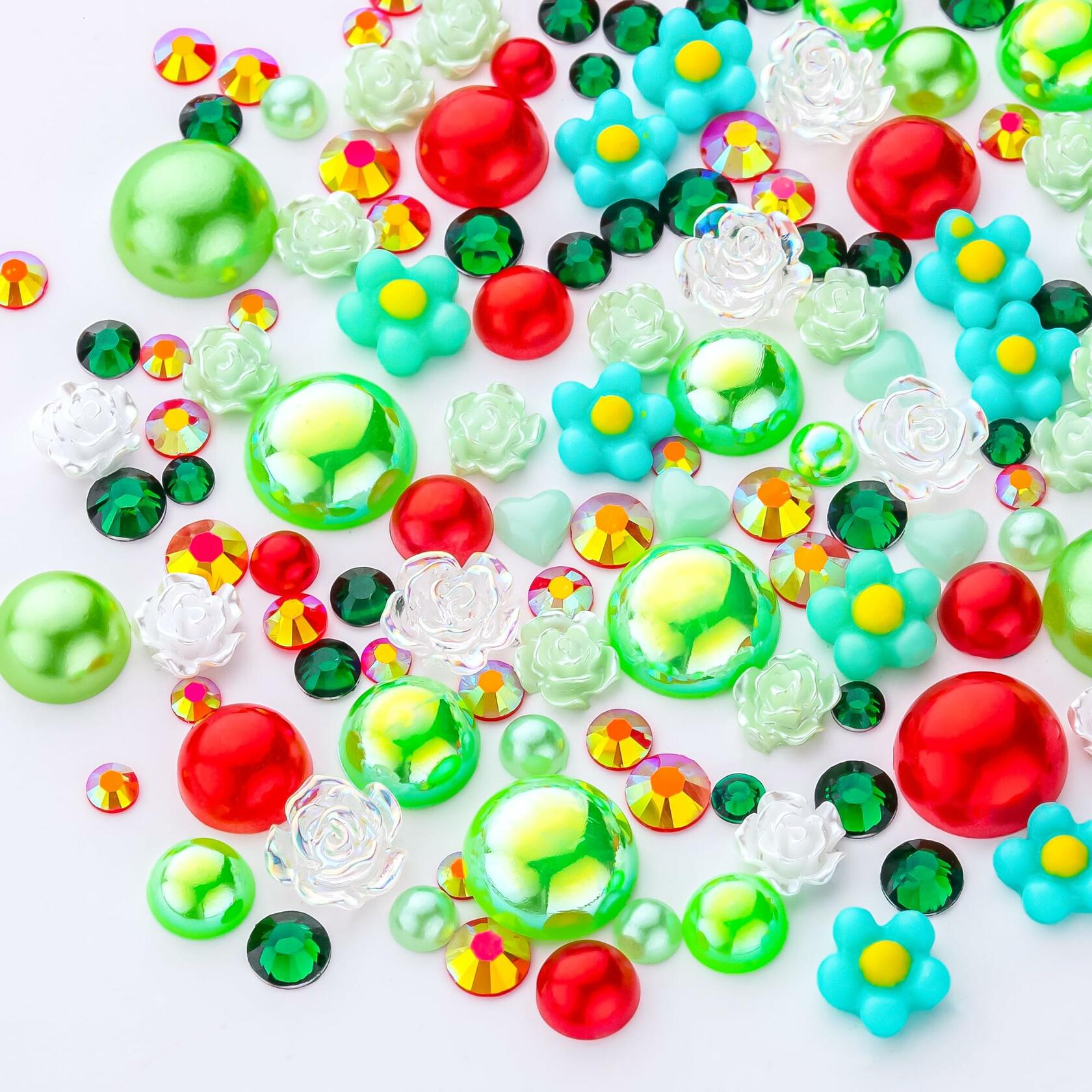 MYYKO 160g Christmas Flatback Rhinestones Half Pearls Mix Size 3-10mm Red Green