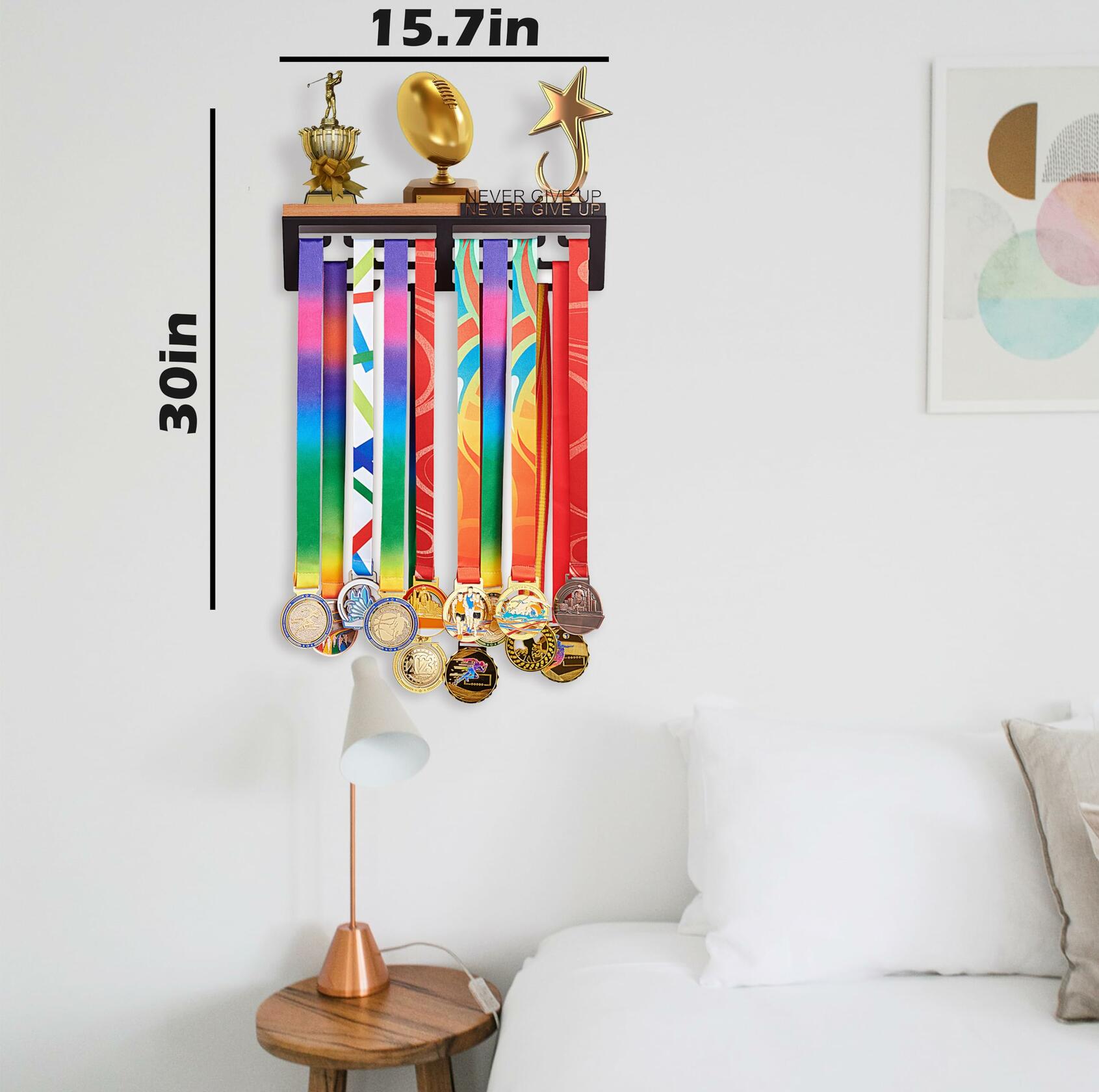 Datoua Medal Hanger Display & Trophy Shelf Combo 5.3" Deep Metal Black