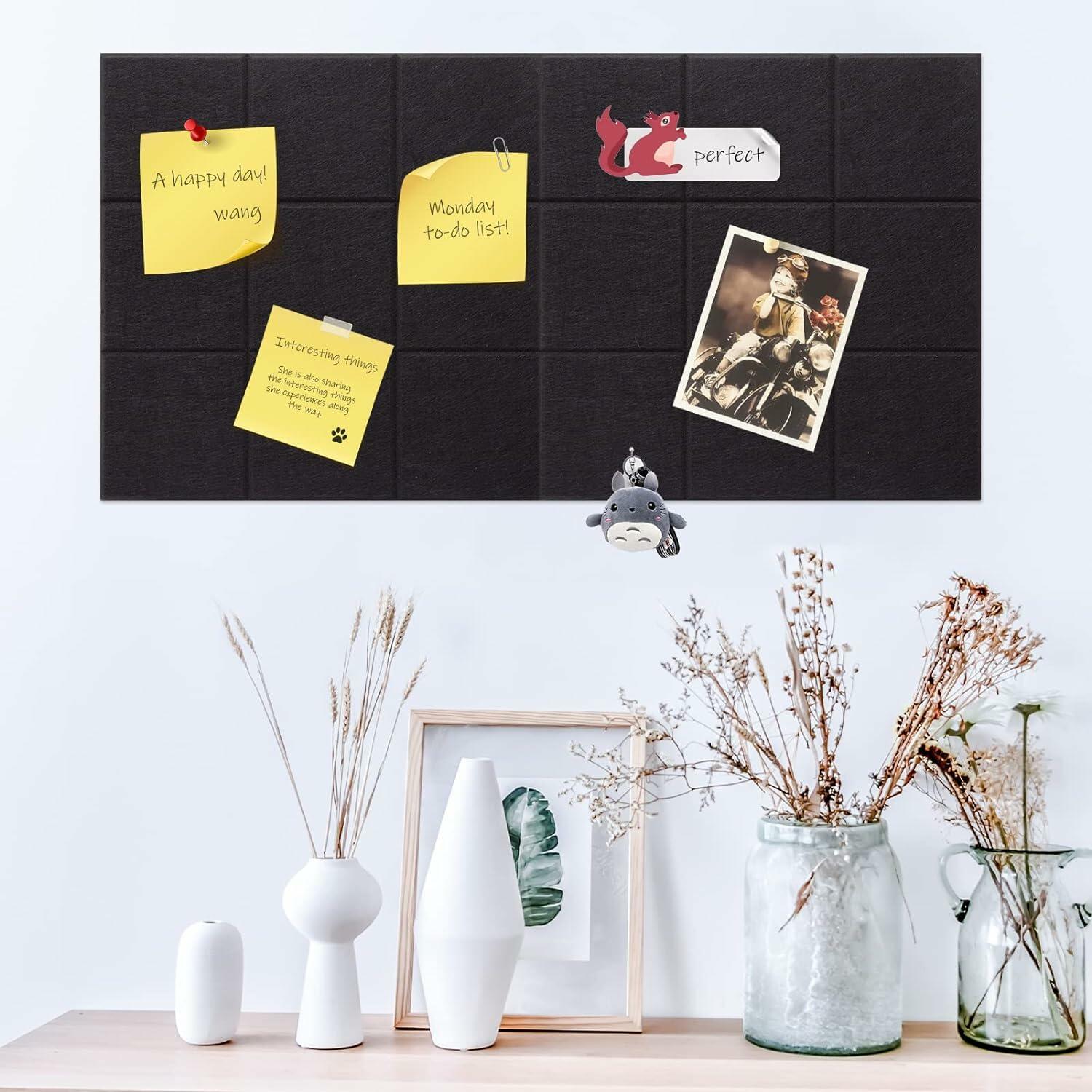 YUSALCEF 12 Pcs Large 11.8" Felt Bulletin Board Tiles Black with 60 Push Pins