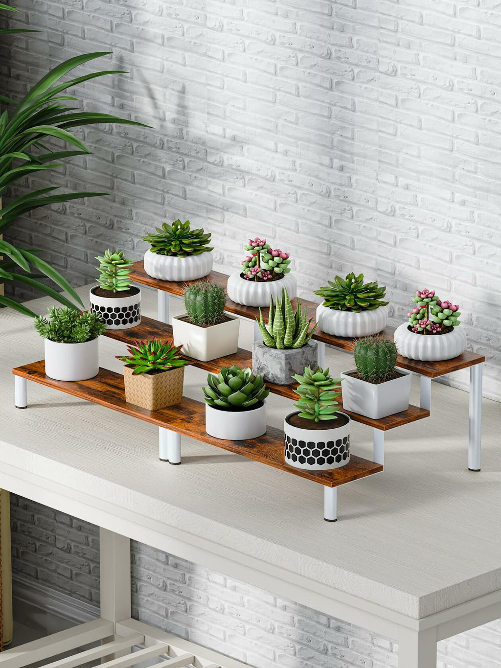 MIMIyasha 3 Tier Wooden Display Stand Riser Organizer White 4 pcs