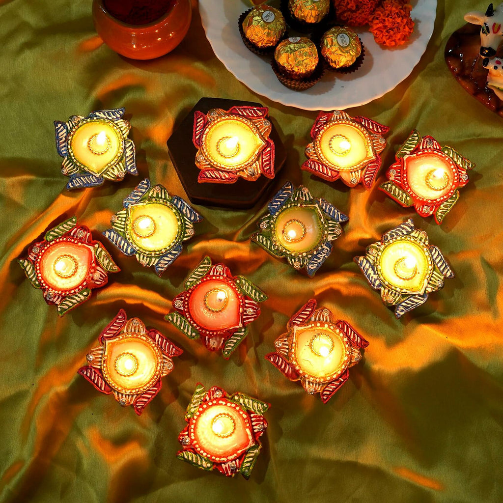 4OUR FAITH 12 Pc Multicolor Terracotta Swastik Wax Diyas Oil Lamps
