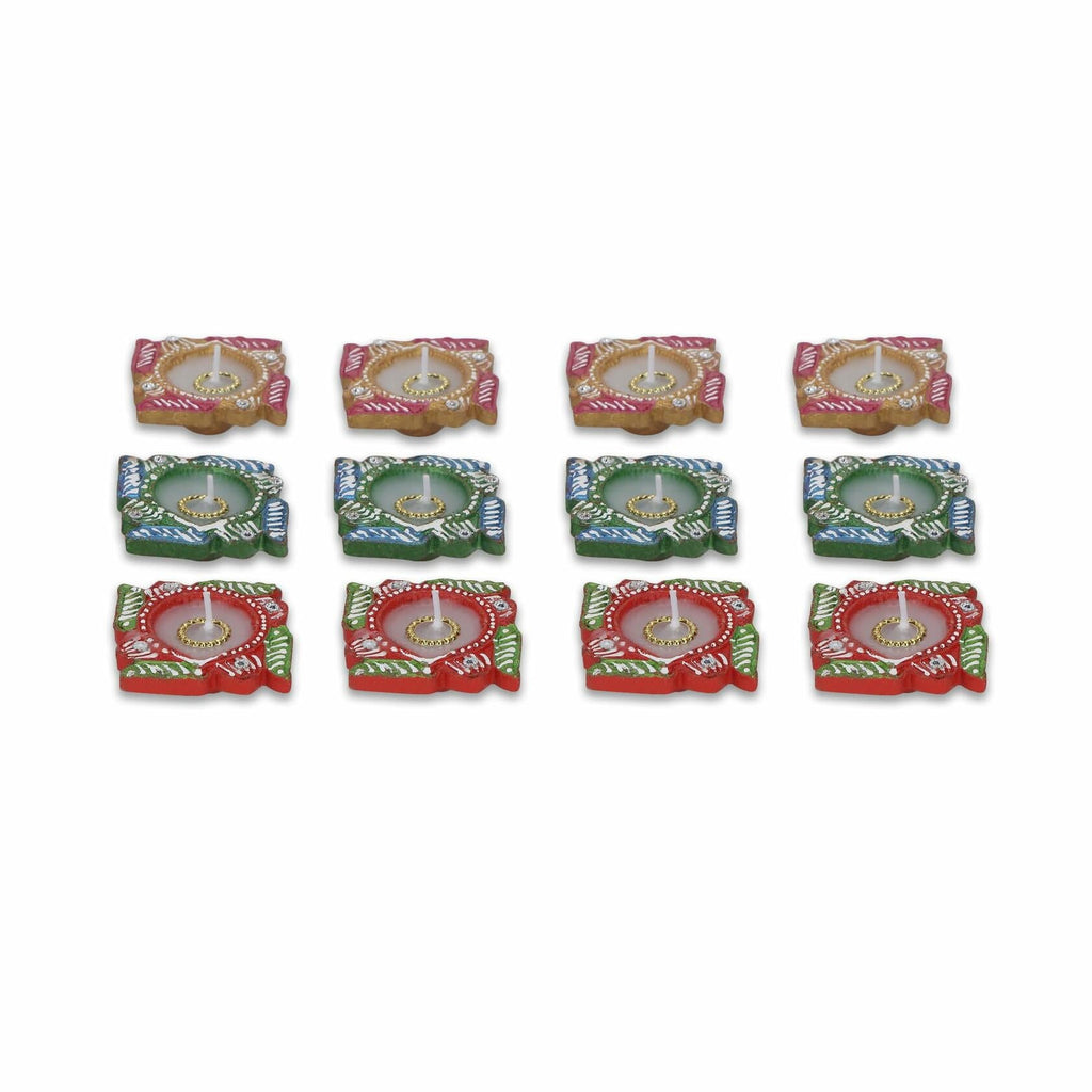 4OUR FAITH 12 Pc Multicolor Terracotta Swastik Wax Diyas Oil Lamps