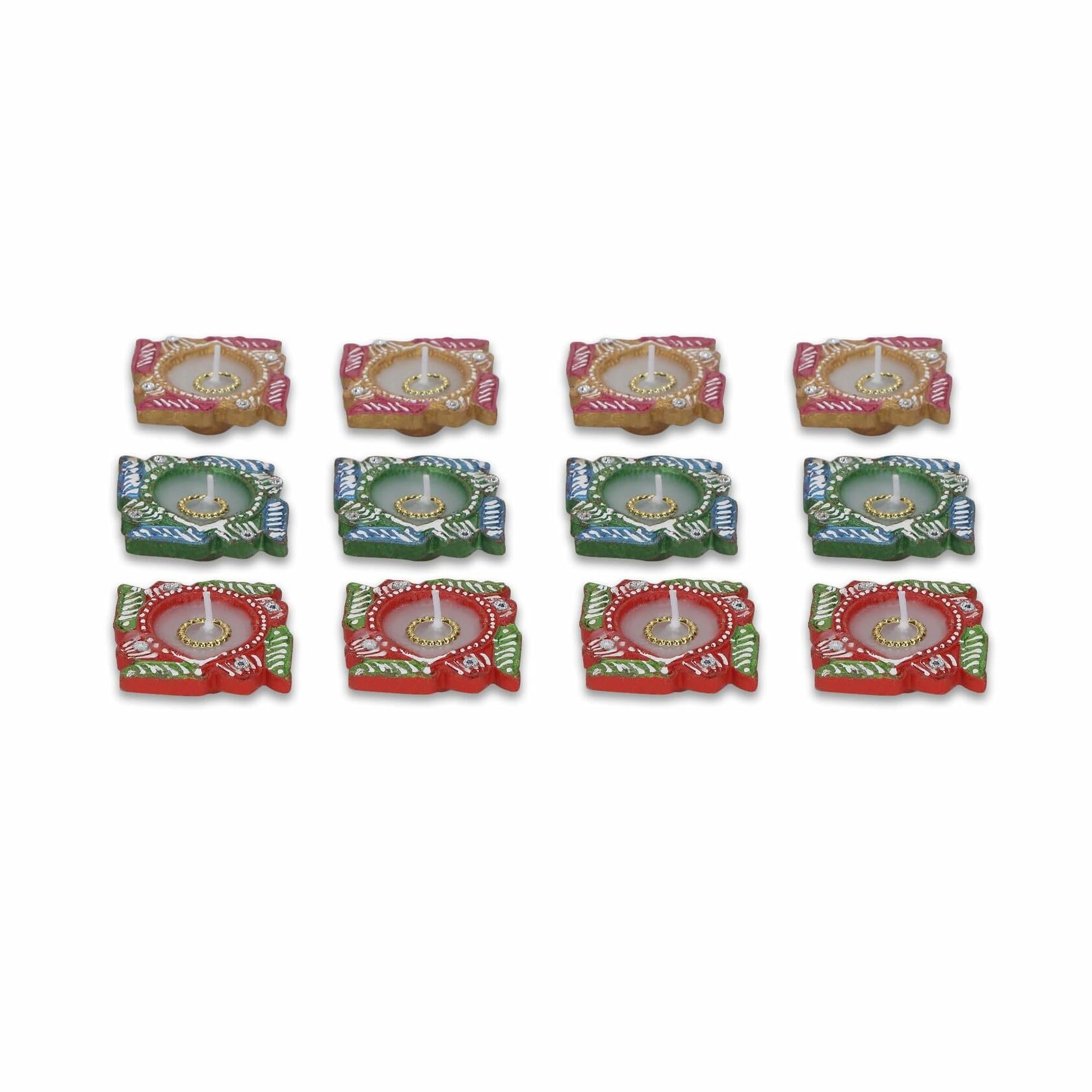 4OUR FAITH 12 Pc Multicolor Terracotta Swastik Wax Diyas Oil Lamps
