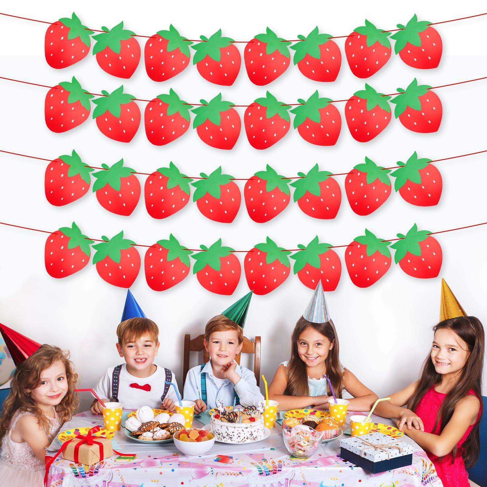 PEUTIER 4pcs Strawberry Party Banners Baby Shower Decorations Red Paper