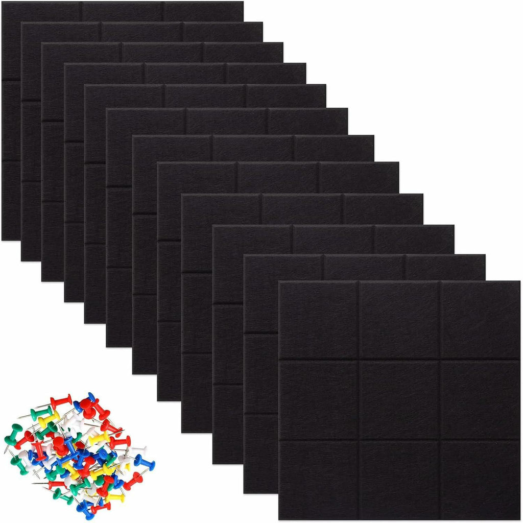 YUSALCEF 12 Pcs Large 11.8" Felt Bulletin Board Tiles Black with 60 Push Pins
