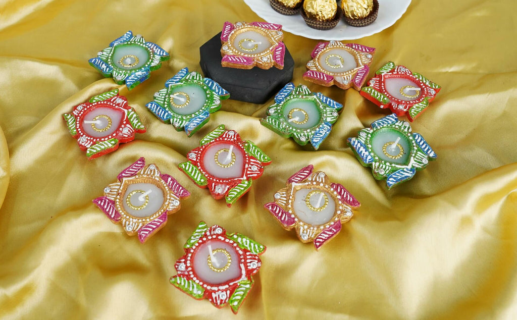 4OUR FAITH 12 Pc Multicolor Terracotta Swastik Wax Diyas Oil Lamps