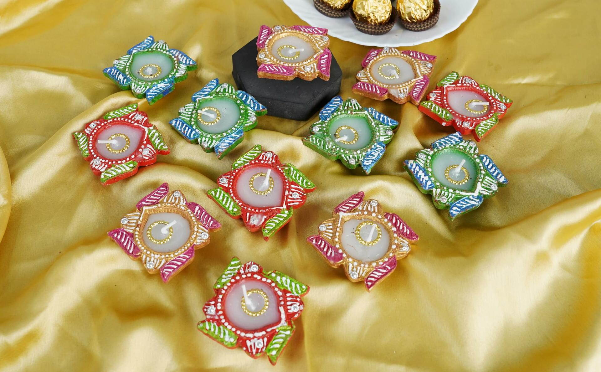 4OUR FAITH 12 Pc Multicolor Terracotta Swastik Wax Diyas Oil Lamps