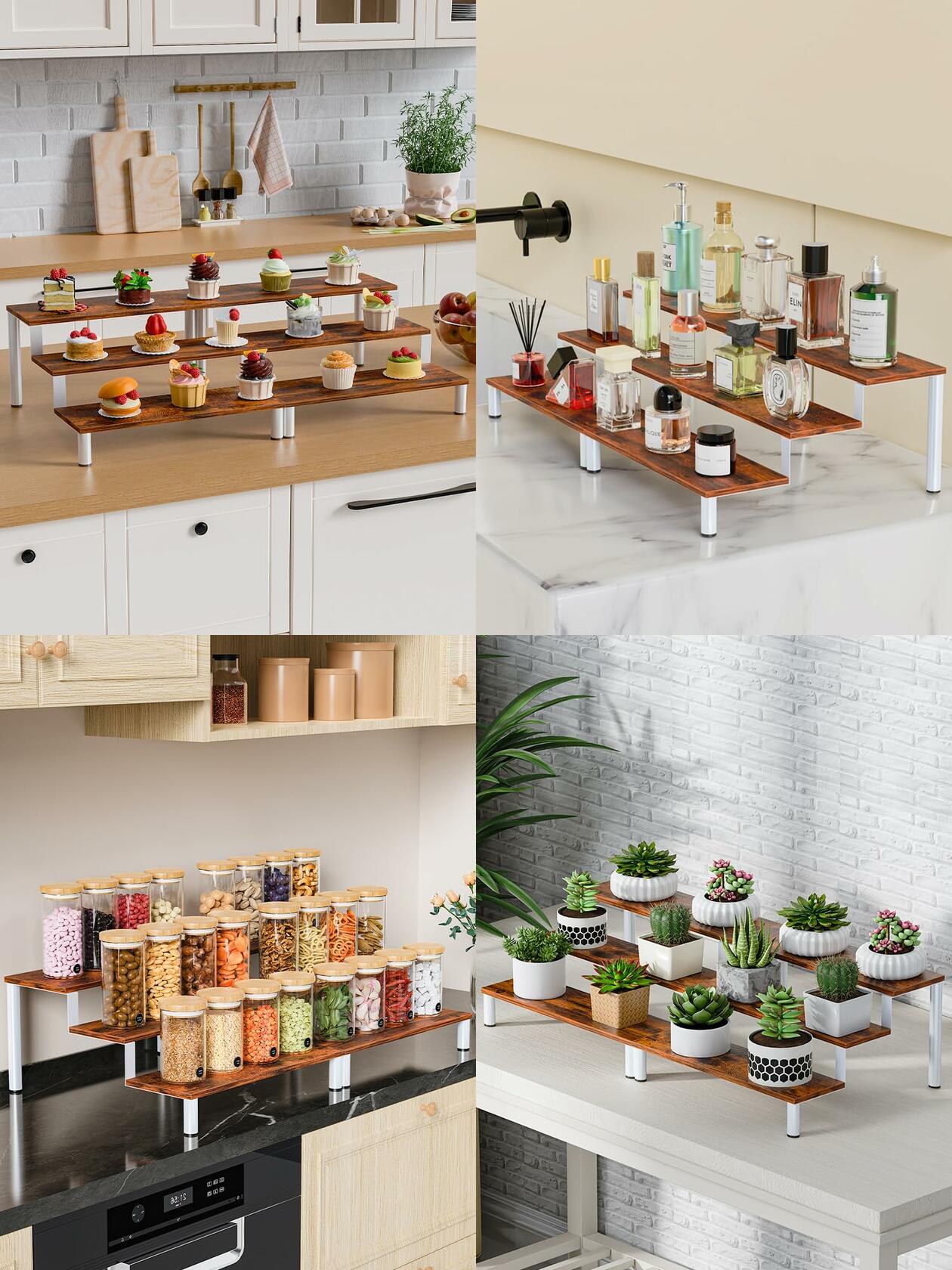MIMIyasha 3 Tier Wooden Display Stand Riser Organizer White 4 pcs