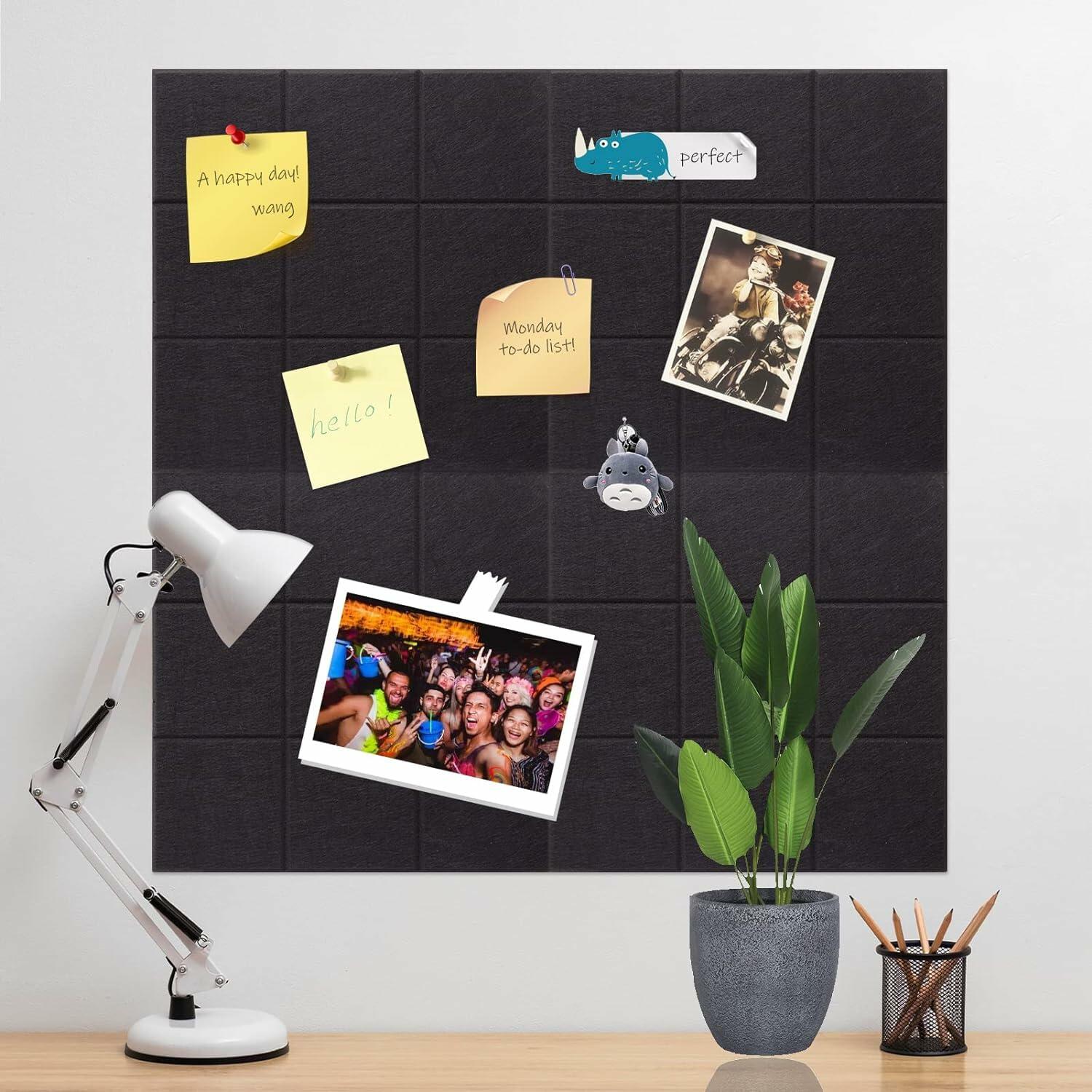 YUSALCEF 12 Pcs Large 11.8" Felt Bulletin Board Tiles Black with 60 Push Pins