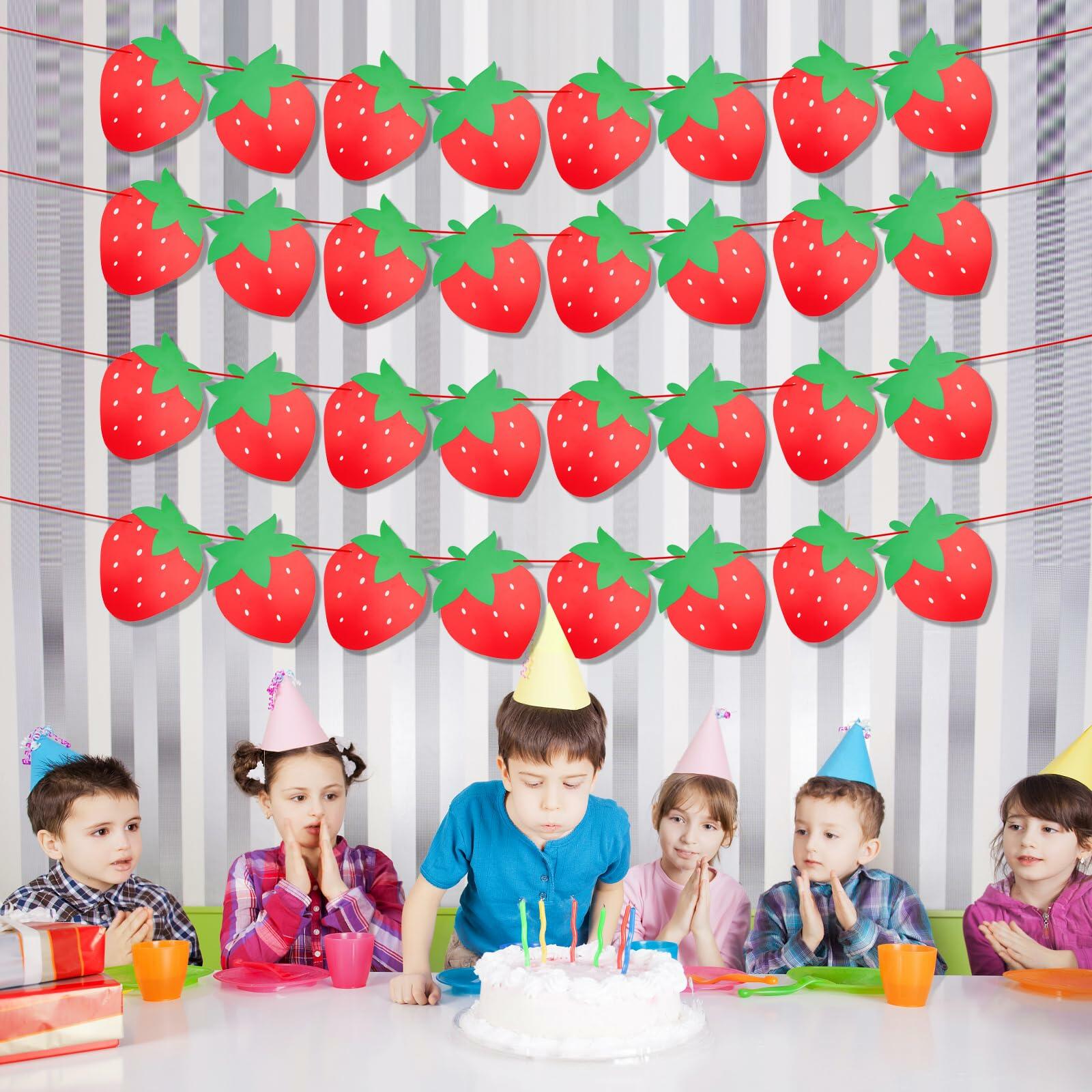 PEUTIER 4pcs Strawberry Party Banners Baby Shower Decorations Red Paper