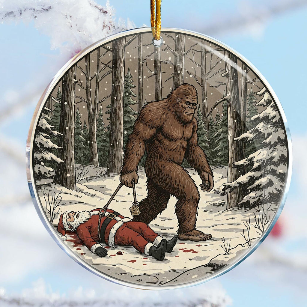ROCI Bigfoot Killed Santa Christmas Ornament 3.6in Acrylic Funny Gag Gift