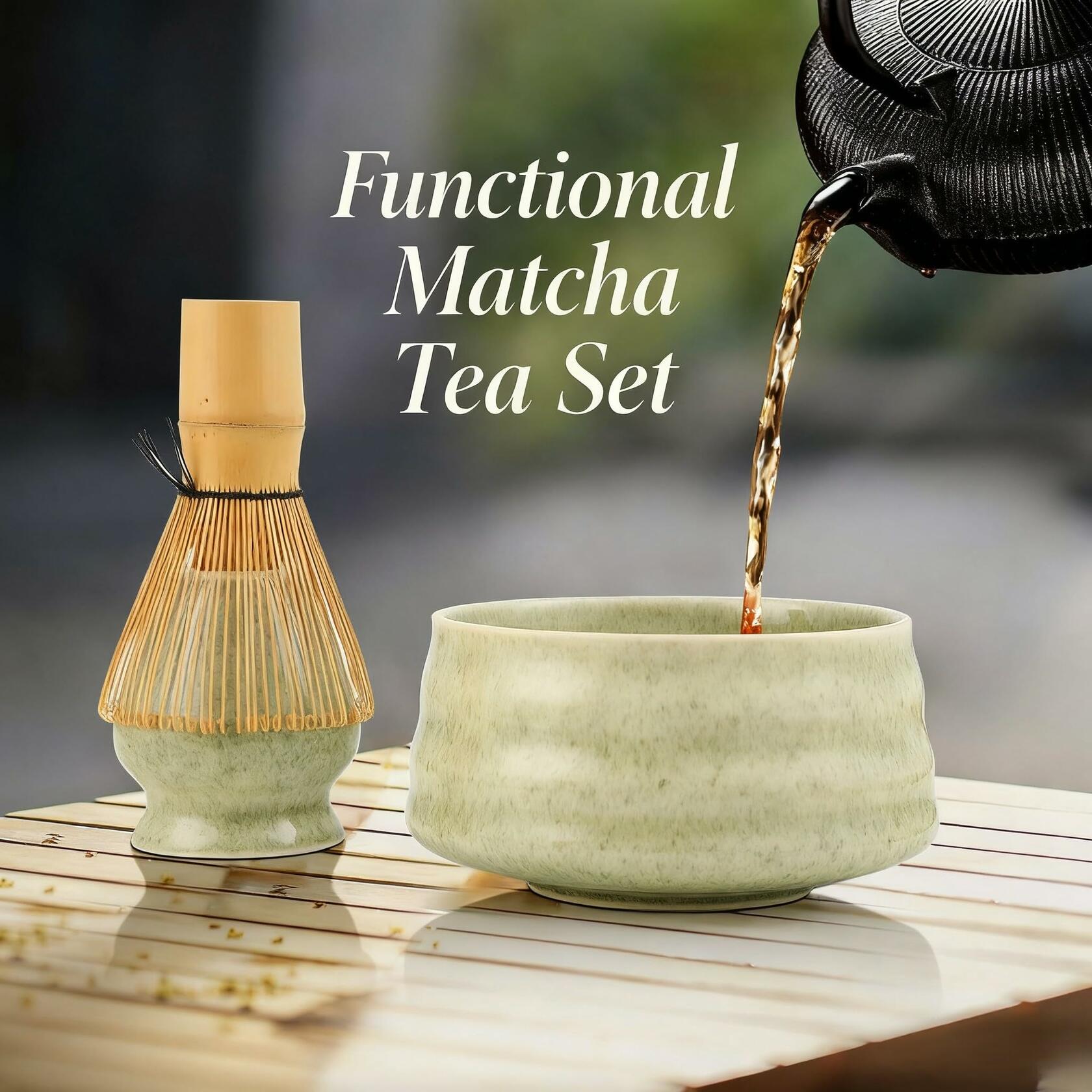 Sfutee Matcha Whisk Set 4pcs Ceramic Bowl Bamboo Scoop Chasen Holder 19oz Green