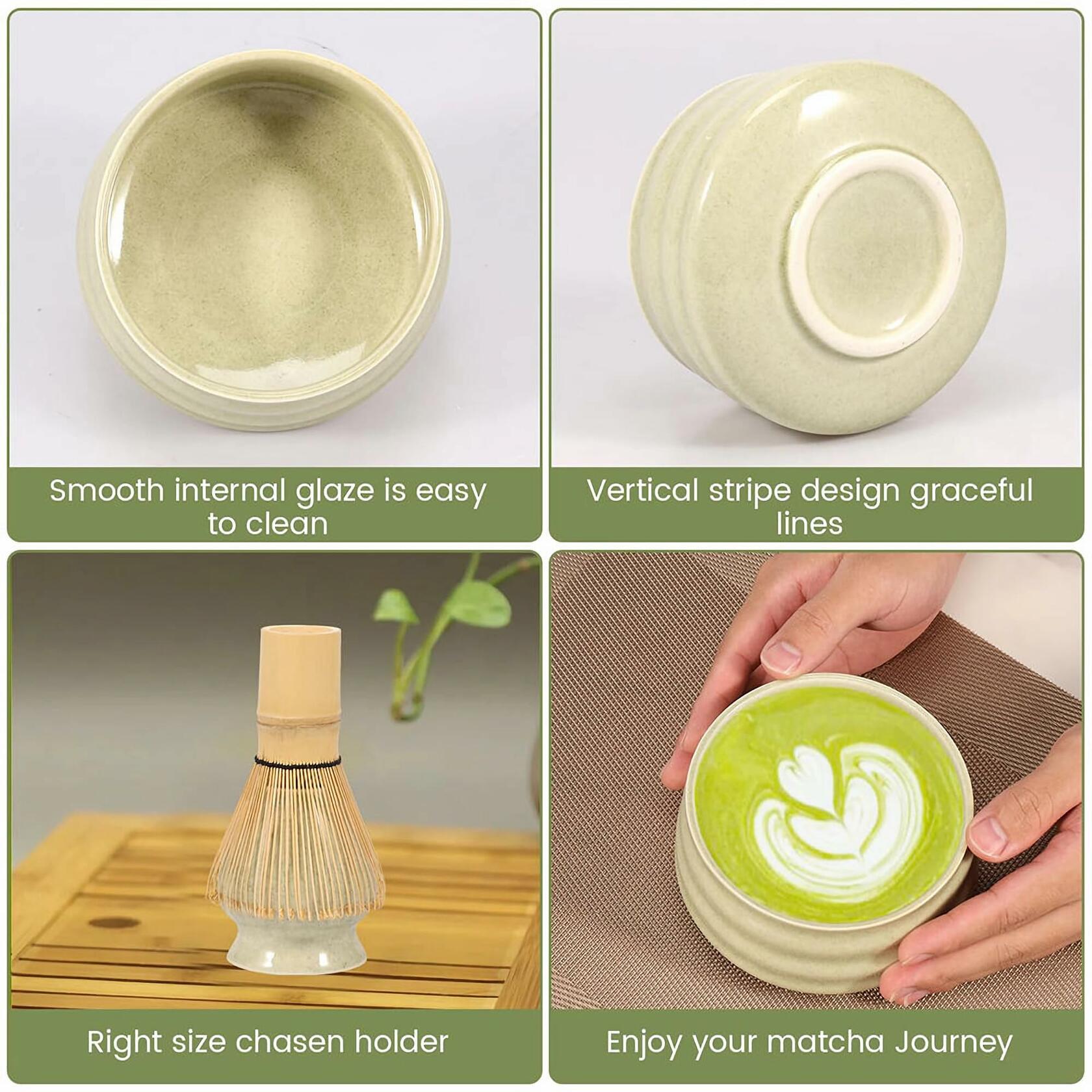 Sfutee Matcha Whisk Set 4pcs Ceramic Bowl Bamboo Scoop Chasen Holder 19oz Green