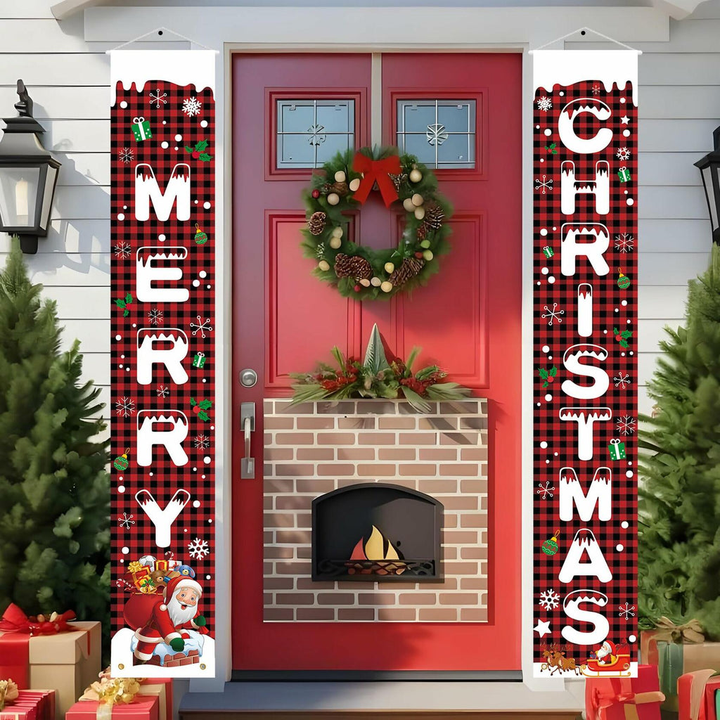 Libemskix Merry Christmas Door Banner 71x12in Red Black Buffalo Plaid 2pcs