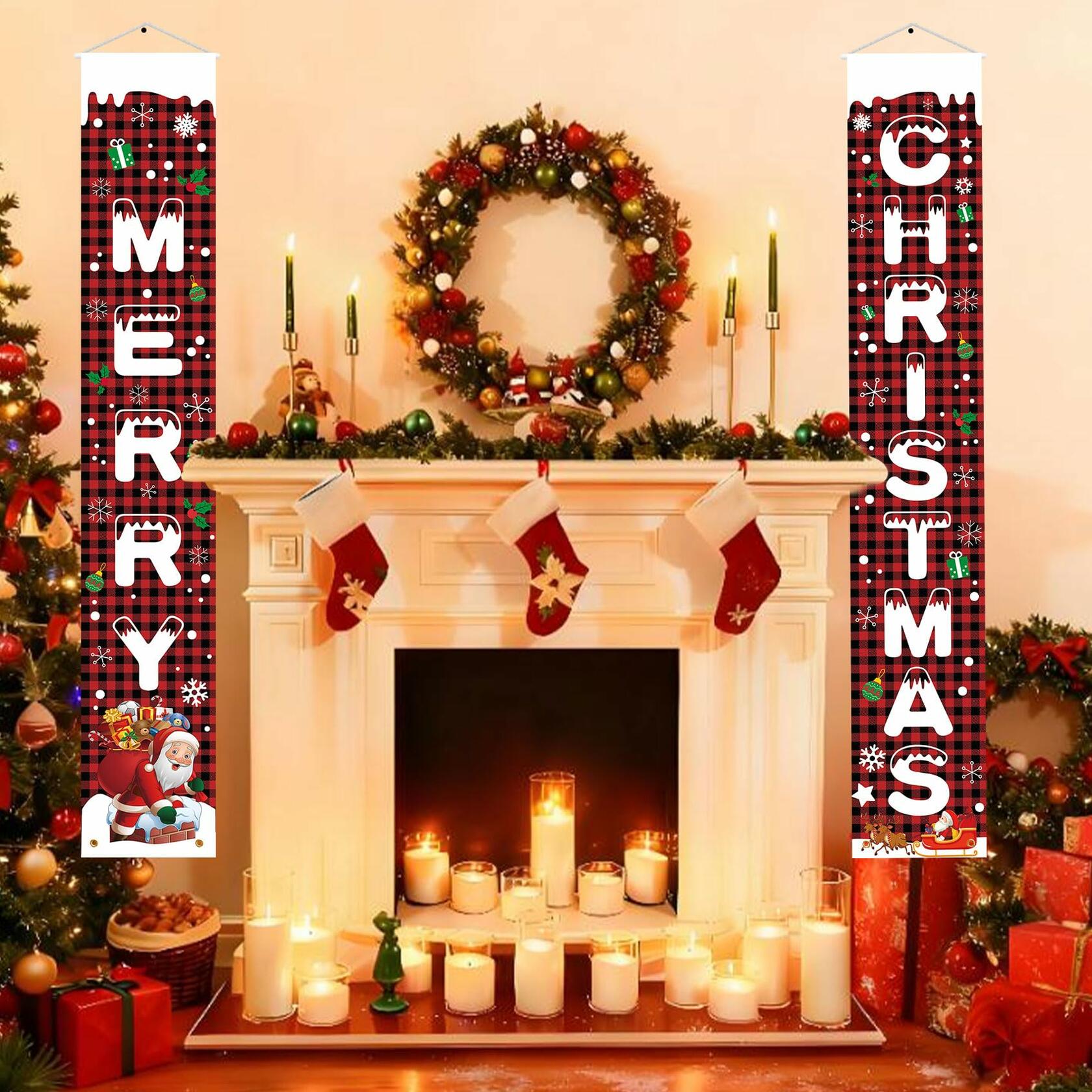 Libemskix Merry Christmas Door Banner 71x12in Red Black Buffalo Plaid 2pcs