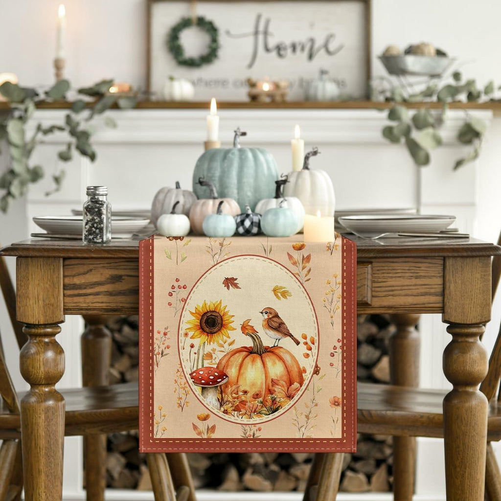 Artoid Mode Pumpkin Bird Floral Table Runner Red 13x72 Inch Rustic Bohemian