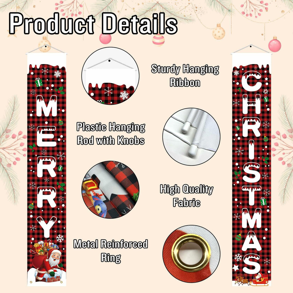Libemskix Merry Christmas Door Banner 71x12in Red Black Buffalo Plaid 2pcs