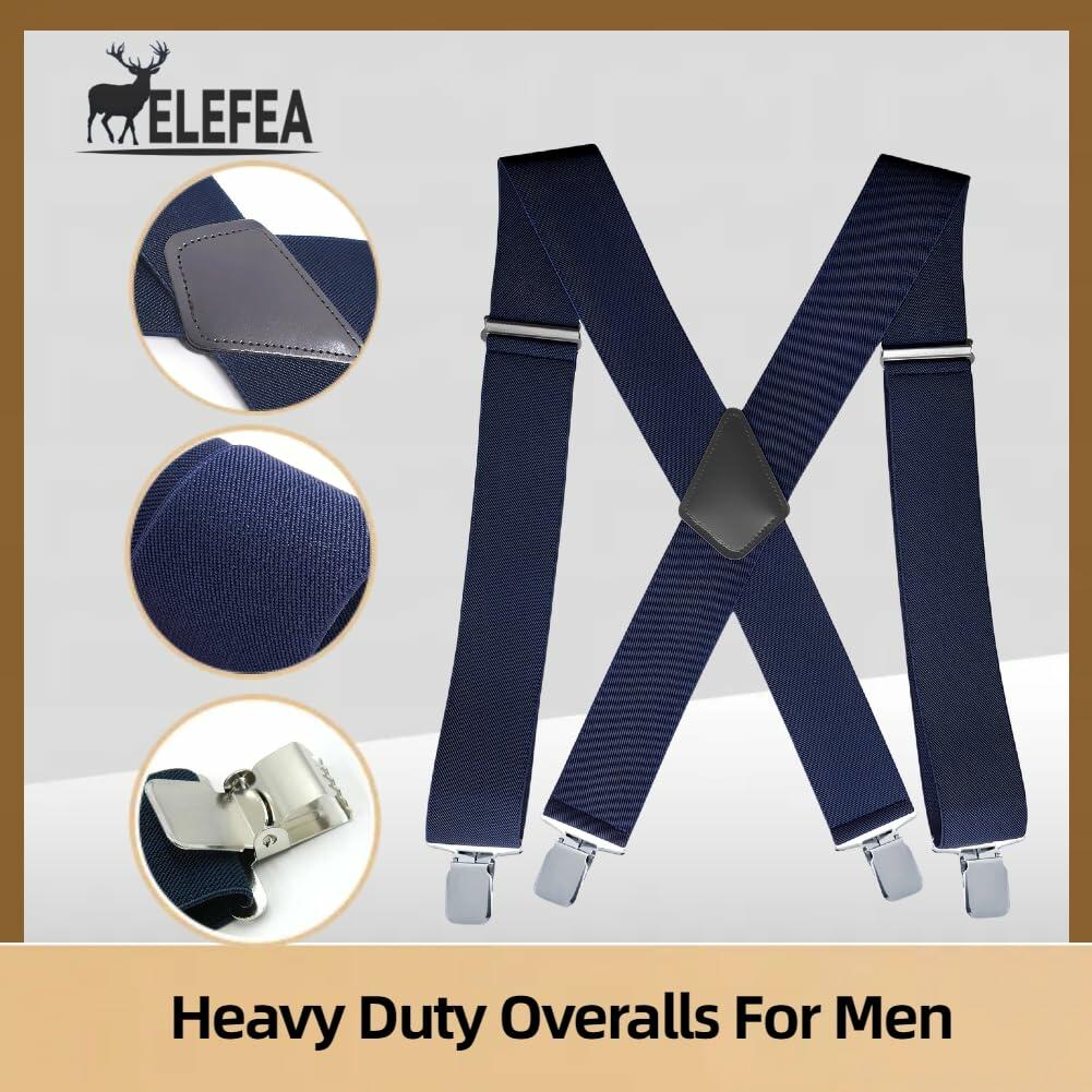 ELEFEA Men's Heavy Duty Suspenders 2" Wide X-Shape Adjustable Navy Blue Size L