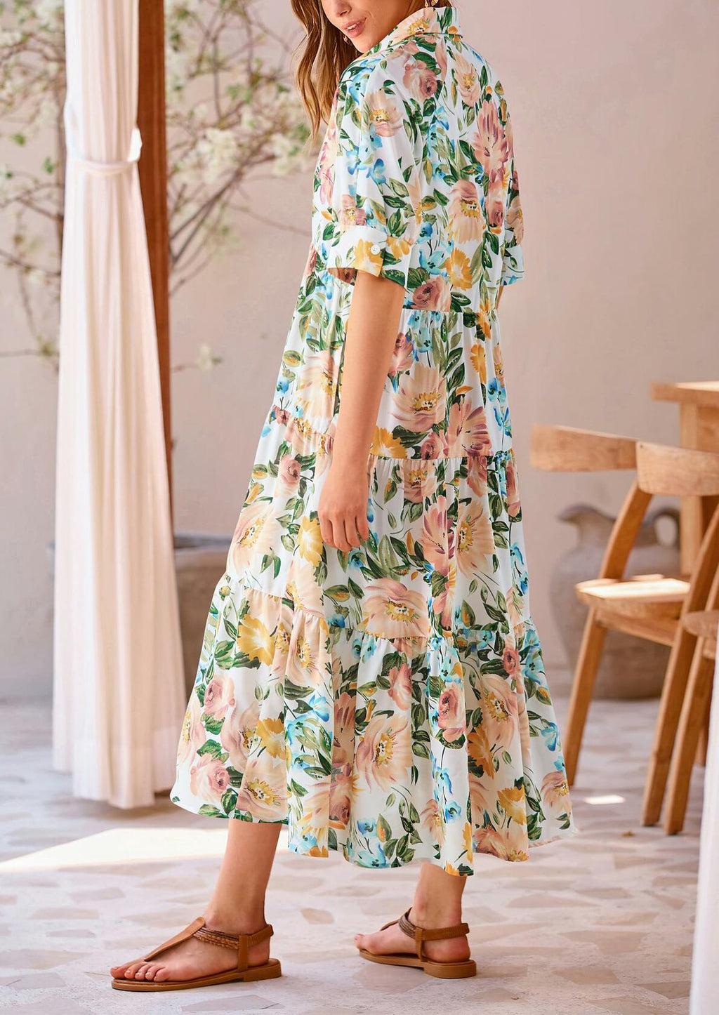 PRETTYGARDEN Women Casual Summer Floral Print Beach Maxi Dress White Apricot L