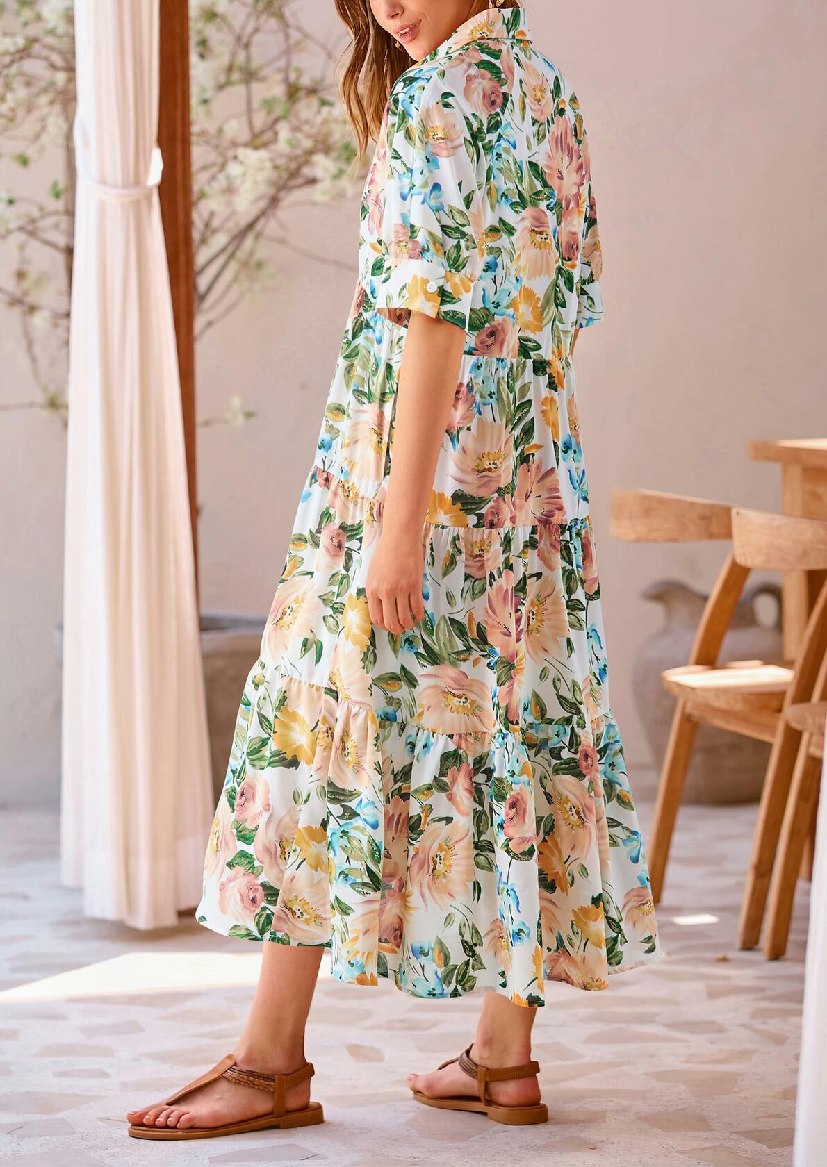 PRETTYGARDEN Women Casual Summer Floral Print Beach Maxi Dress White Apricot L