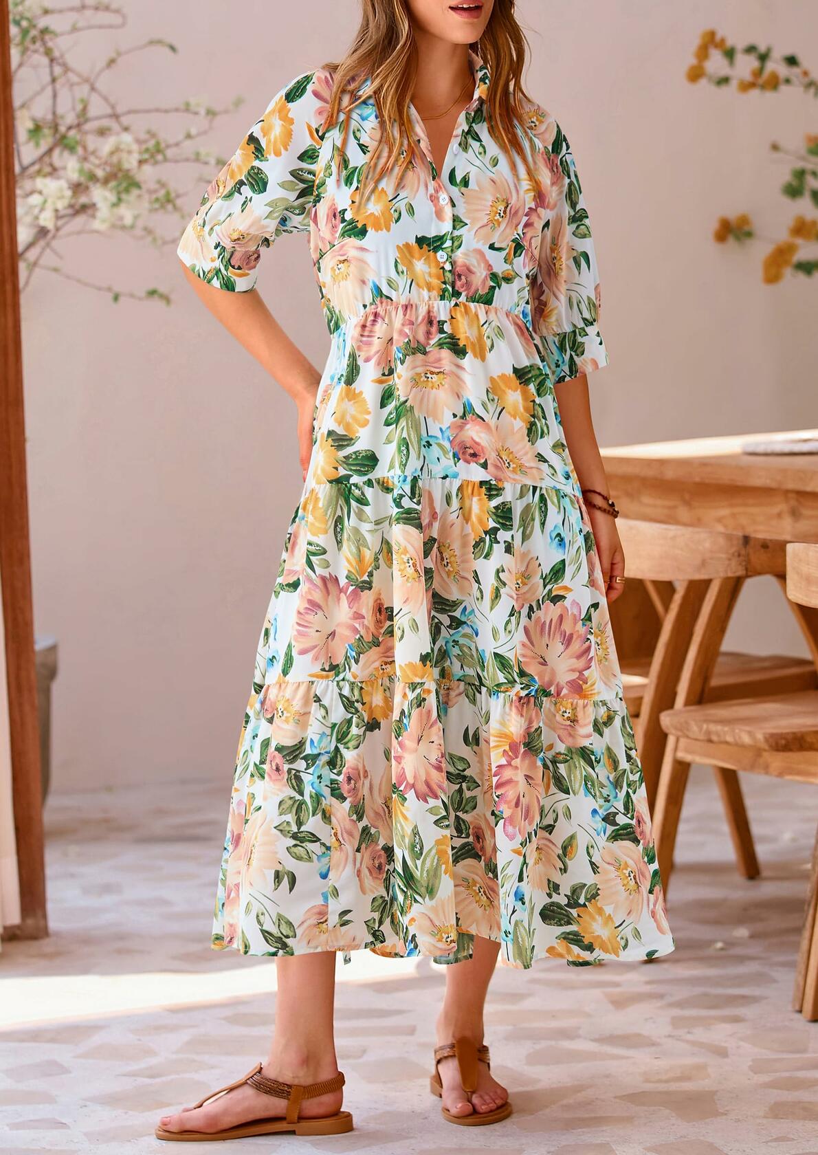 PRETTYGARDEN Women Casual Summer Floral Print Beach Maxi Dress White Apricot L