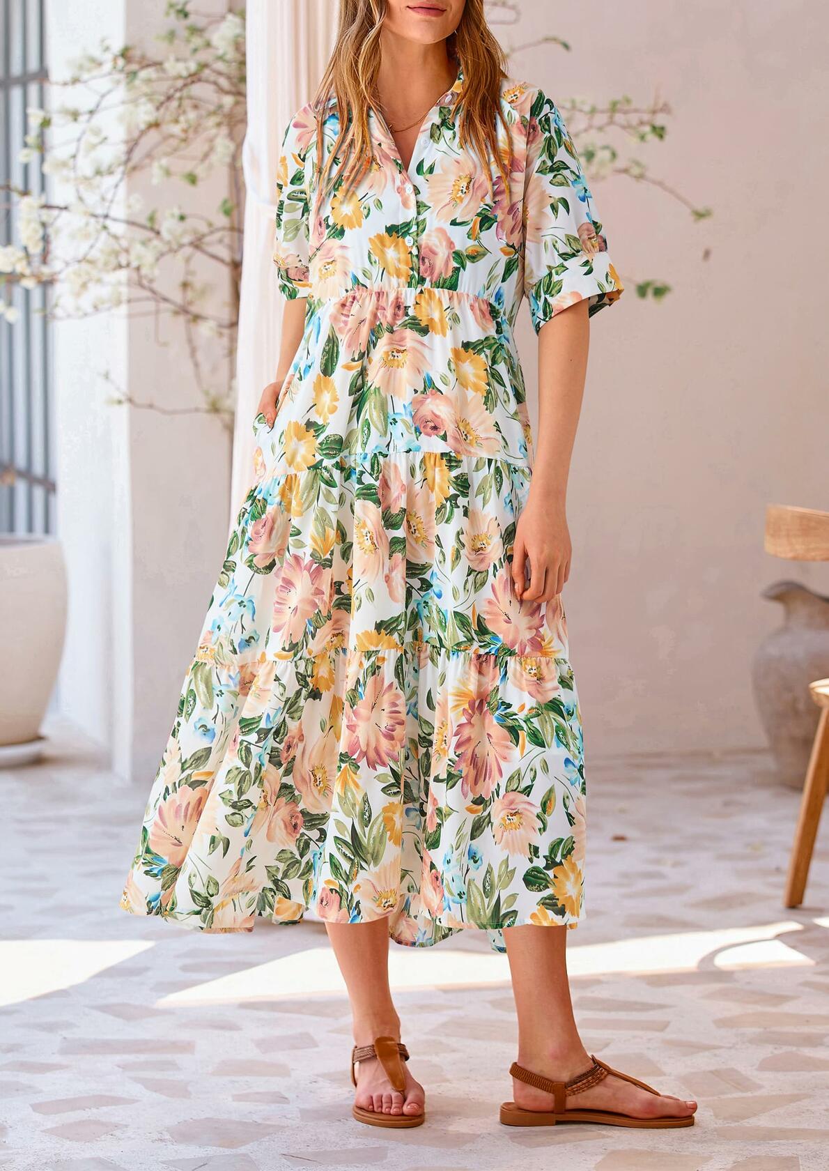 PRETTYGARDEN Women Casual Summer Floral Print Beach Maxi Dress White Apricot L