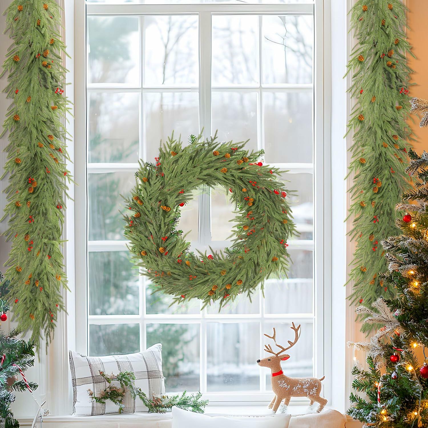 SHareconn 9FT Artificial Norfolk Pine Garland with Pine Cones Red Berries Green
