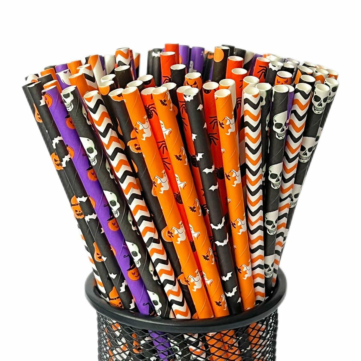 YAOSHENG Halloween Paper Straws 200pcs Biodegradable Mixed Styles Party
