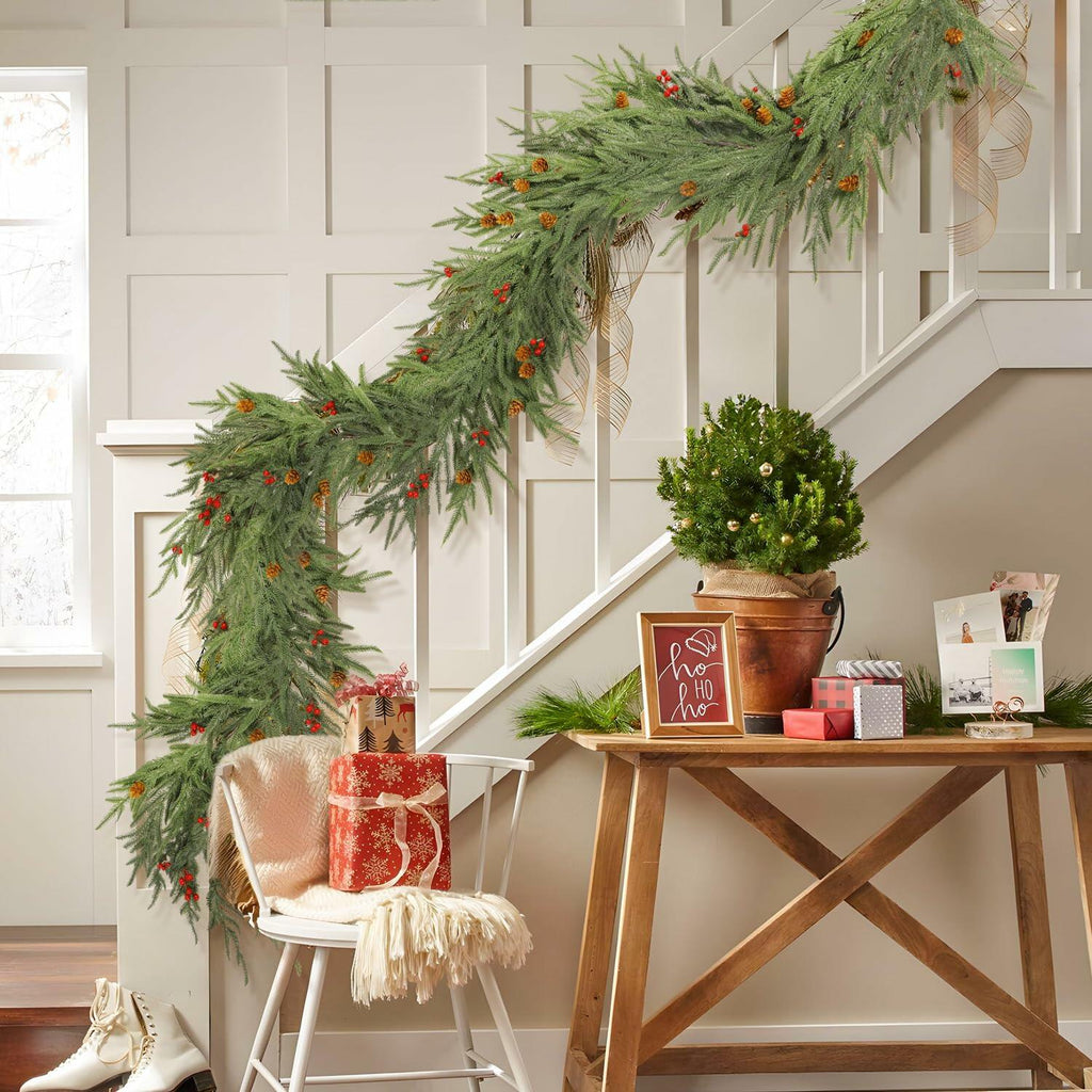 SHareconn 9FT Artificial Norfolk Pine Garland with Pine Cones Red Berries Green