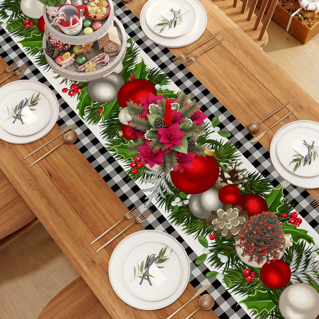 Jiudungs Linen Green Black Buffalo Check Plaid Table Runner 60in