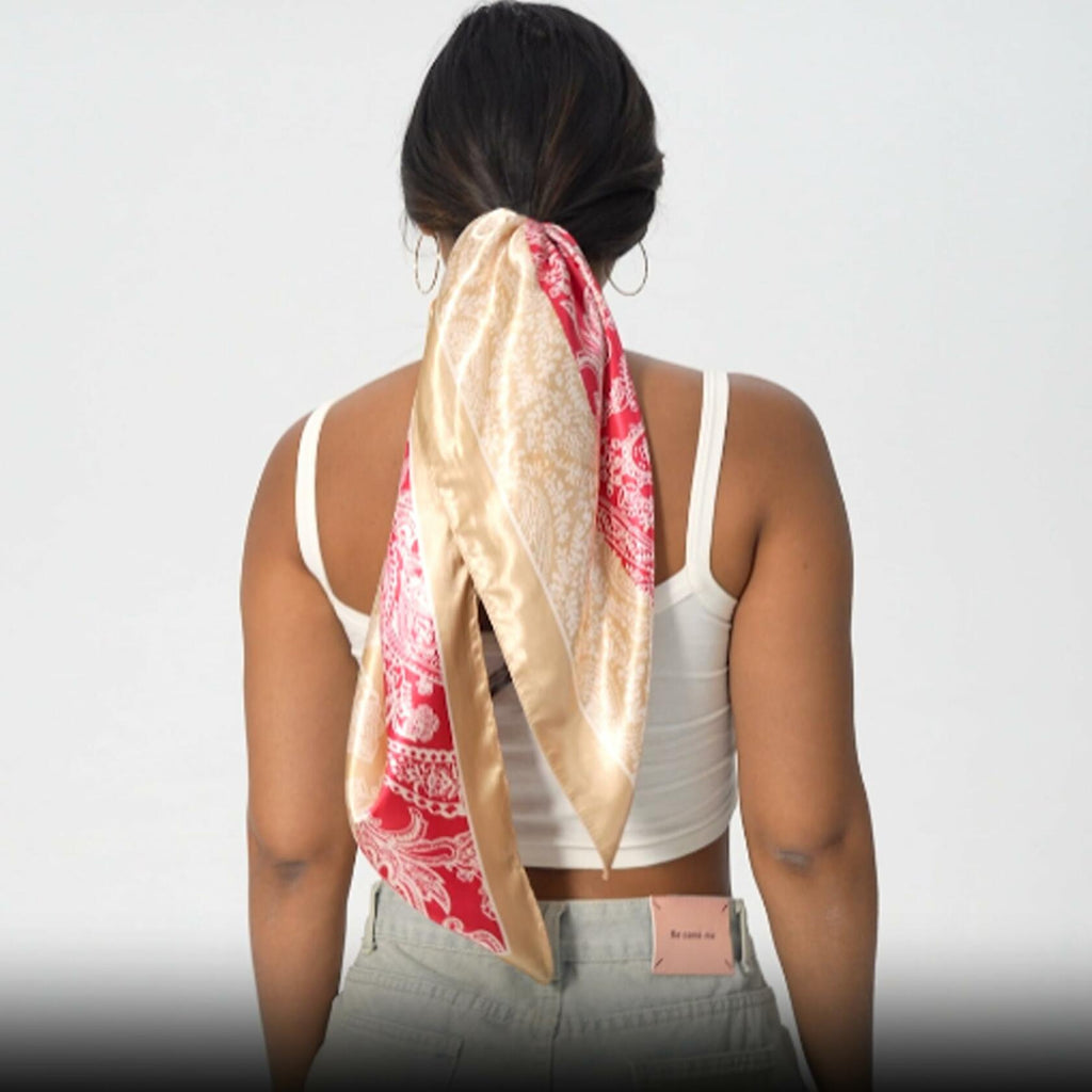 VJHX Paisley Satin Head Scarf Large Square 35in Khaki Pink