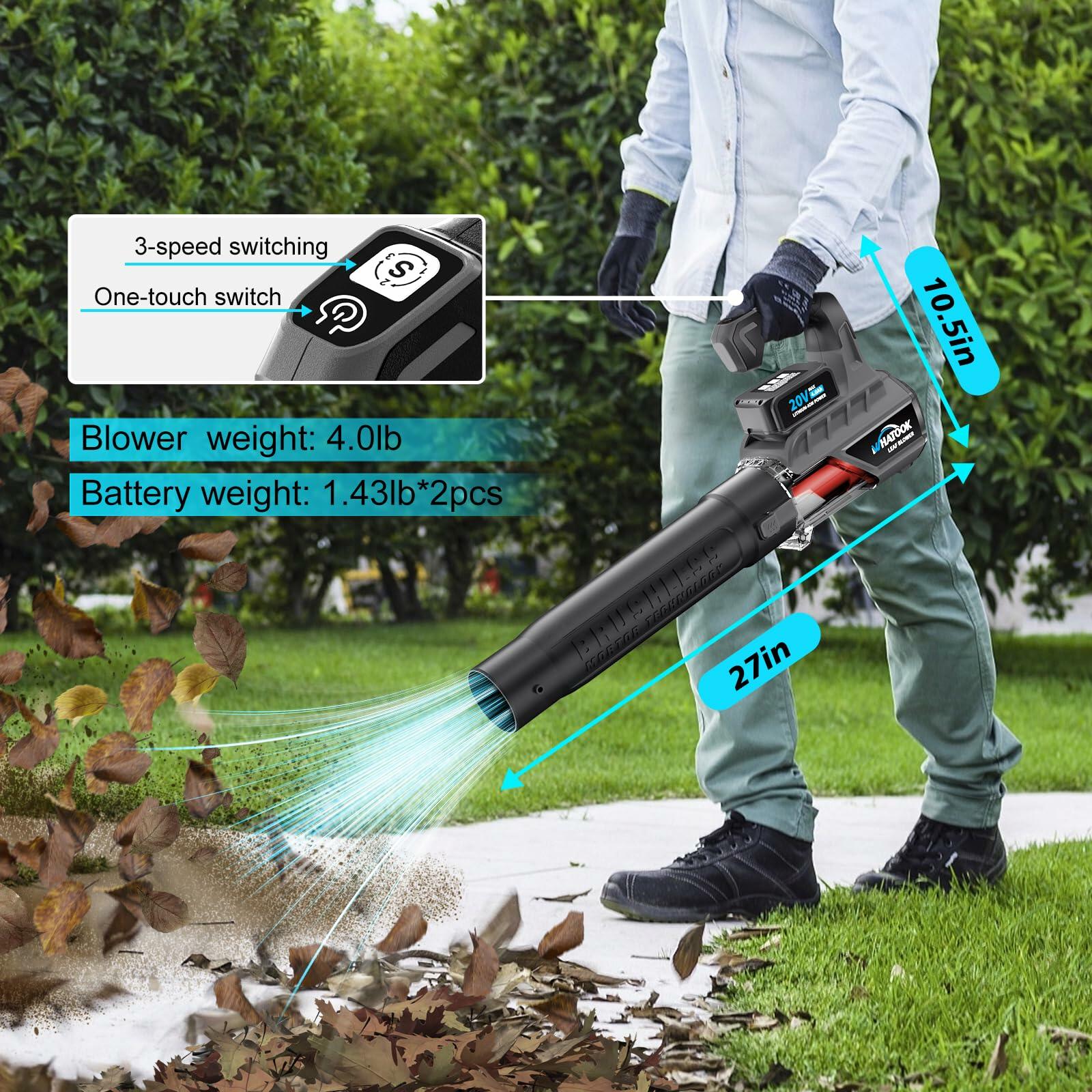 WHATOOK Cordless Leaf Blower 20V 4.0Ah Brushless Motor 2 Batteries Grey