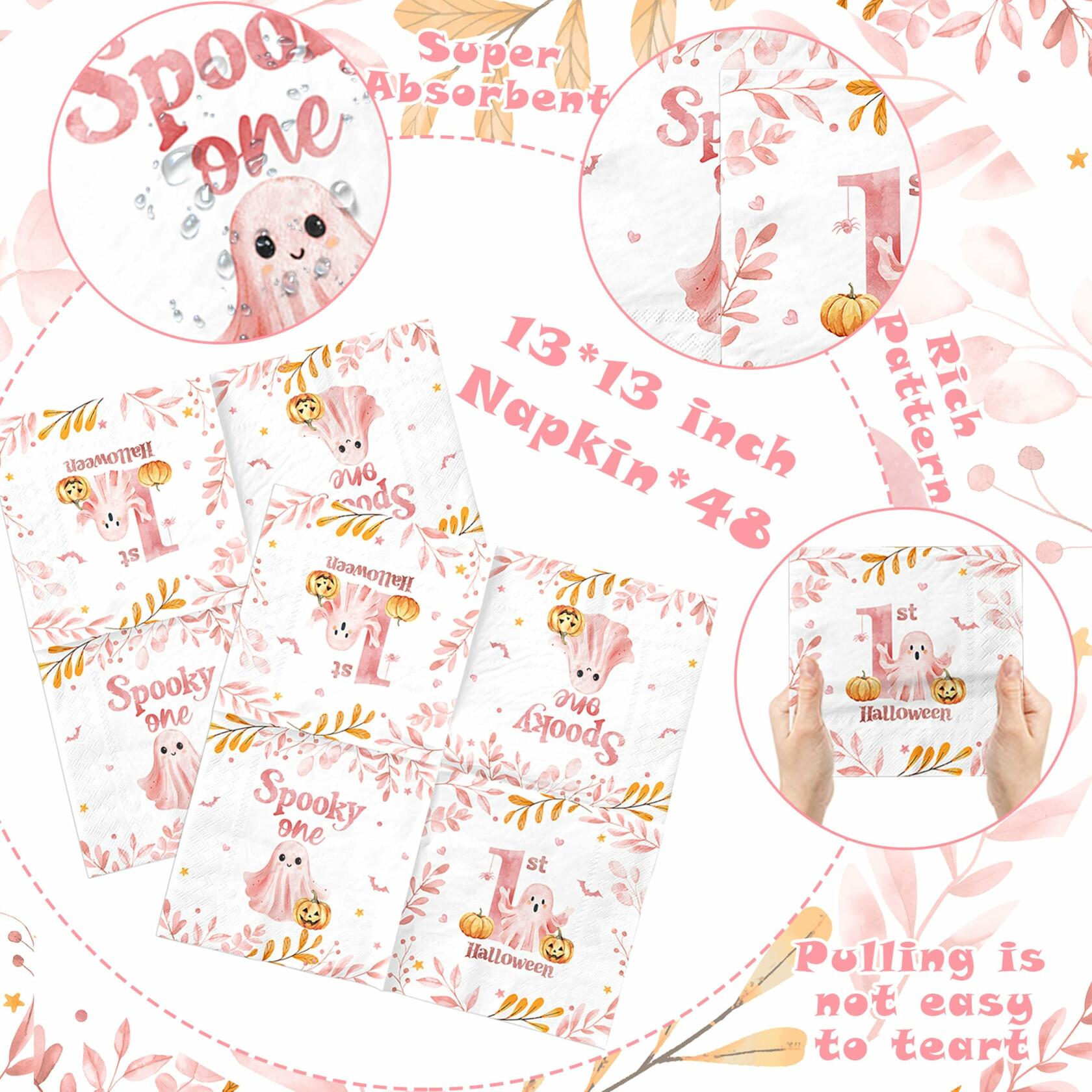 GREHUMOR Spooky One Birthday Napkin Pink Halloween Girl 1st Birthday