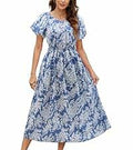 Gardenwed Women's Vintage Midi Dress Puff Sleeve Smocked Waist A-Line Size XXL
