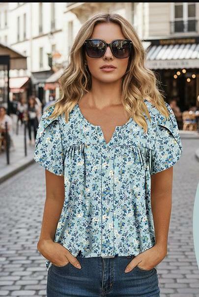 CRAZY GRID Women's Puff Lace Short Sleeve Blouse Blue Gardenia Size 3XL