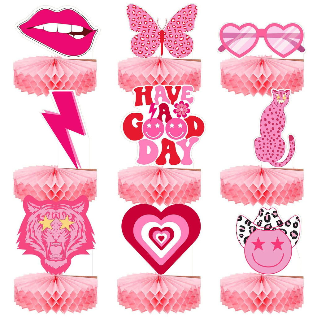 Sinmoe 9pcs Hot Pink Preppy Honeycomb Table Centerpiece Party Decor